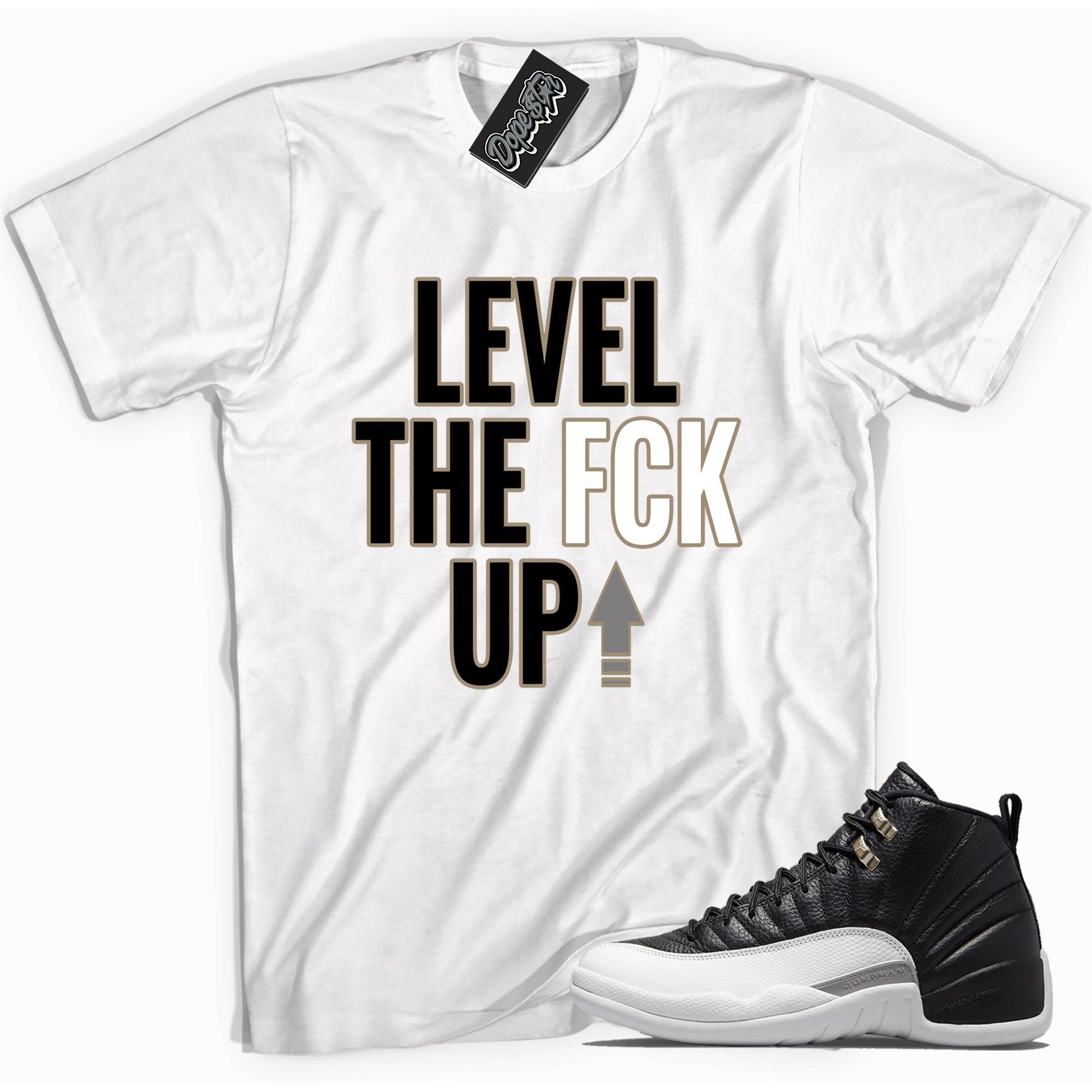 Cool white graphic tee with 'Level Up' print, that perfectly matches Air Jordan 12 Retro Playoffs Toe sneakers.