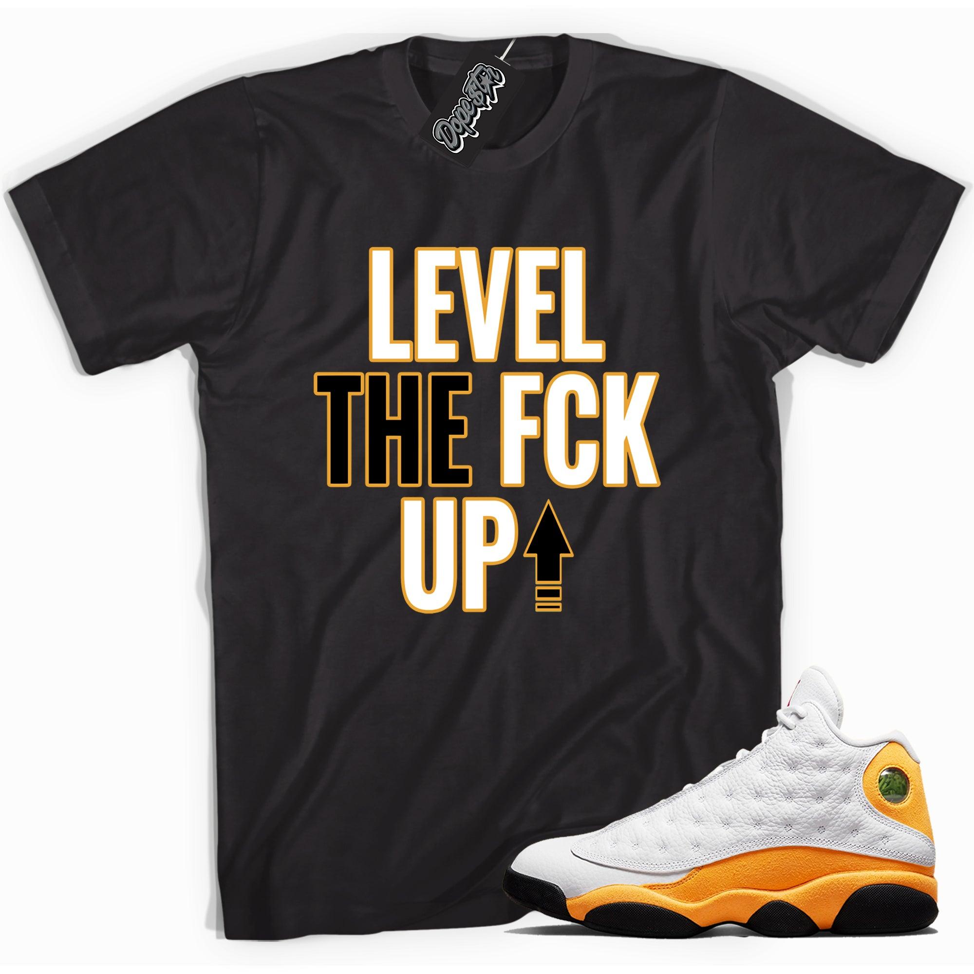 Cool black graphic tee with 'Level Up' print, that perfectly matches Air Jordan 13 Retro Del Sol Toe sneakers.