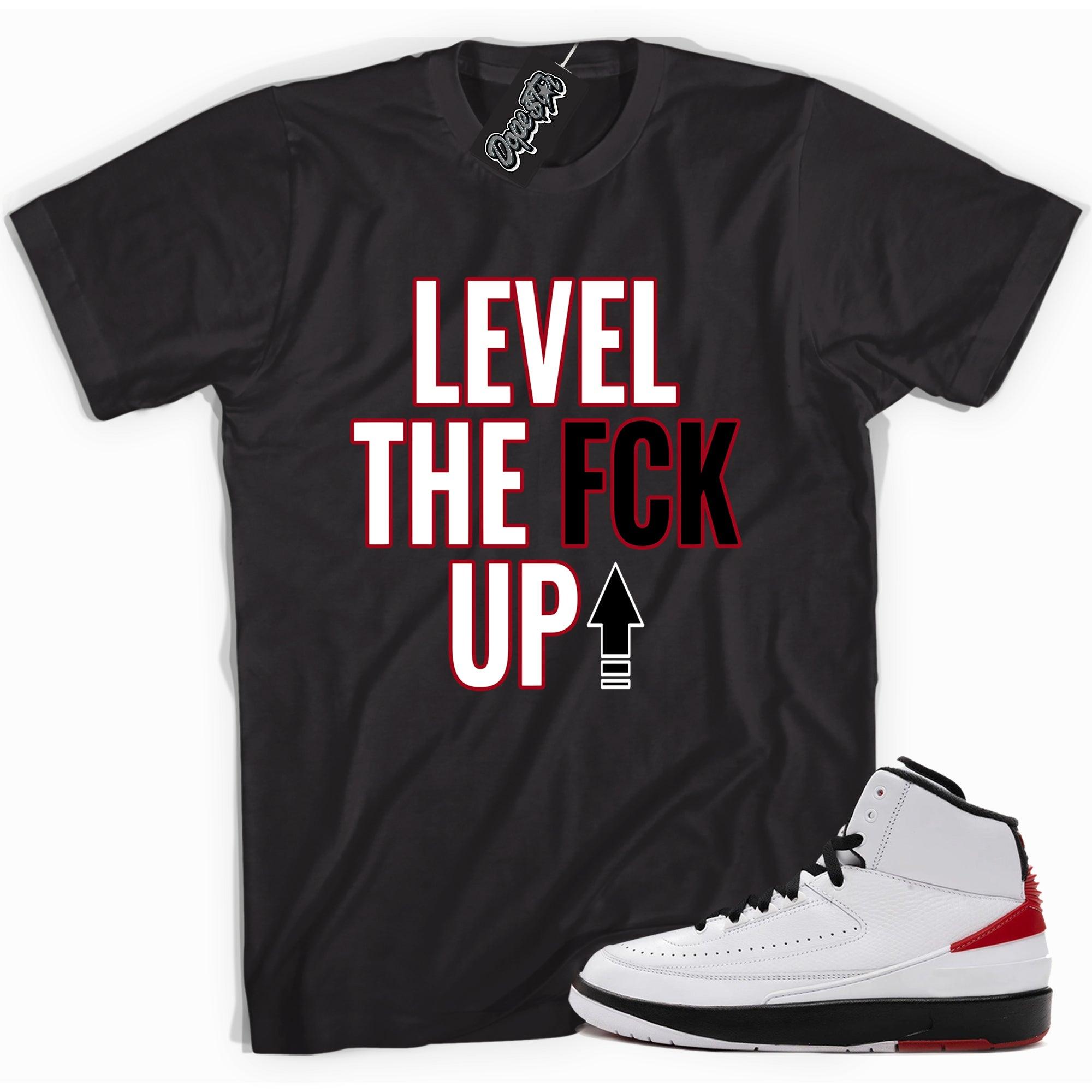 Cool black graphic tee with 'Level Up' print, that perfectly matches Air Jordan 2 Retro OG Chicago sneakers.