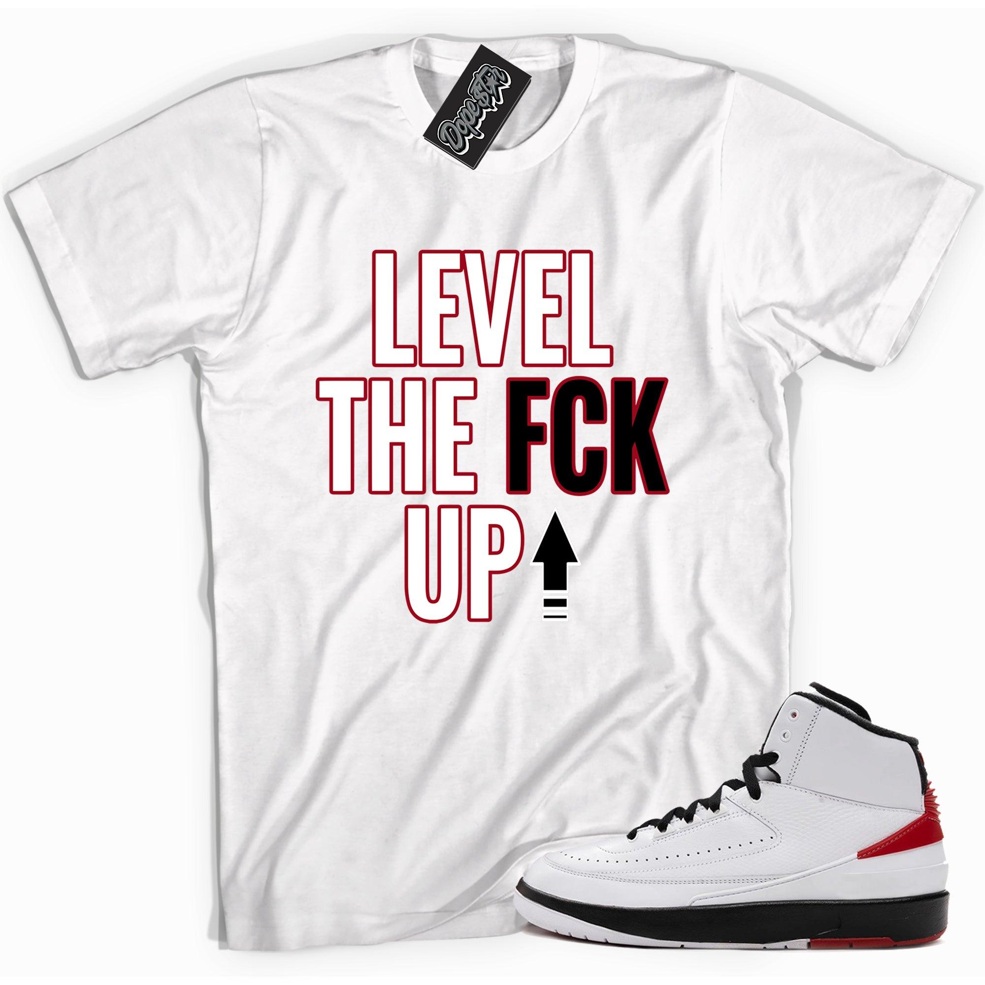 Cool white graphic tee with 'Level Up' print, that perfectly matches Air Jordan 2 Retro OG Chicago sneakers.