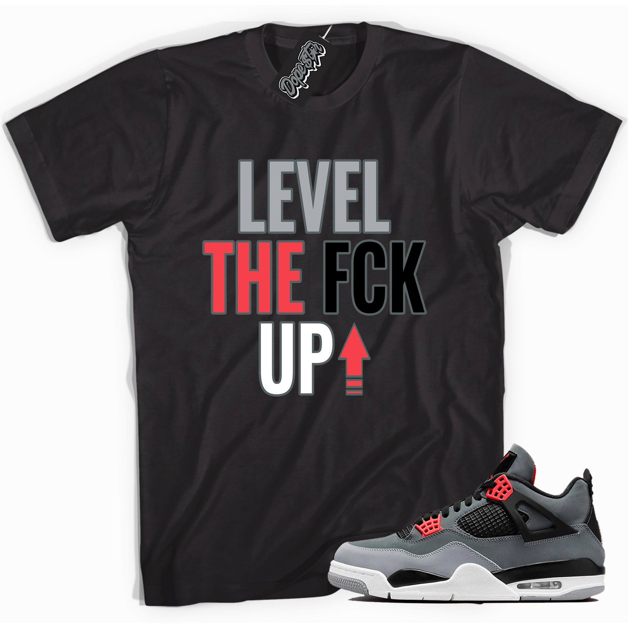 Cool black graphic tee with 'Level Up' print, that perfectly matches Air Jordan 4 Infrared Toe sneakers.