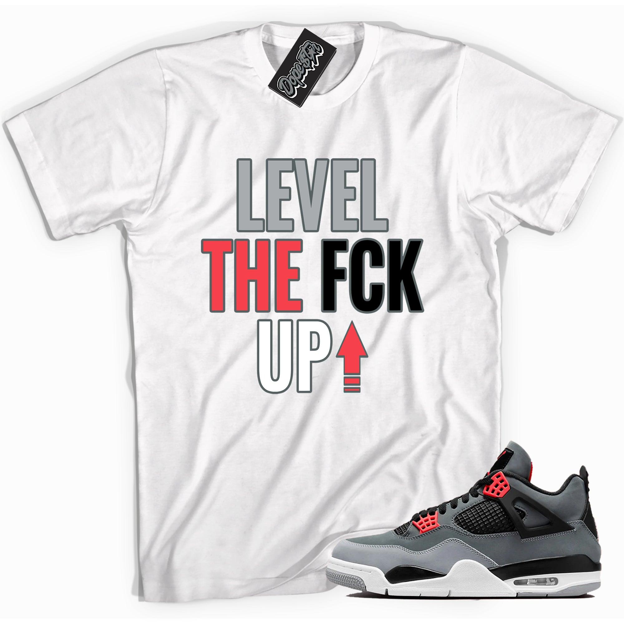 Cool white graphic tee with 'Level Up' print, that perfectly matches Air Jordan 4 Infrared Toe sneakers.