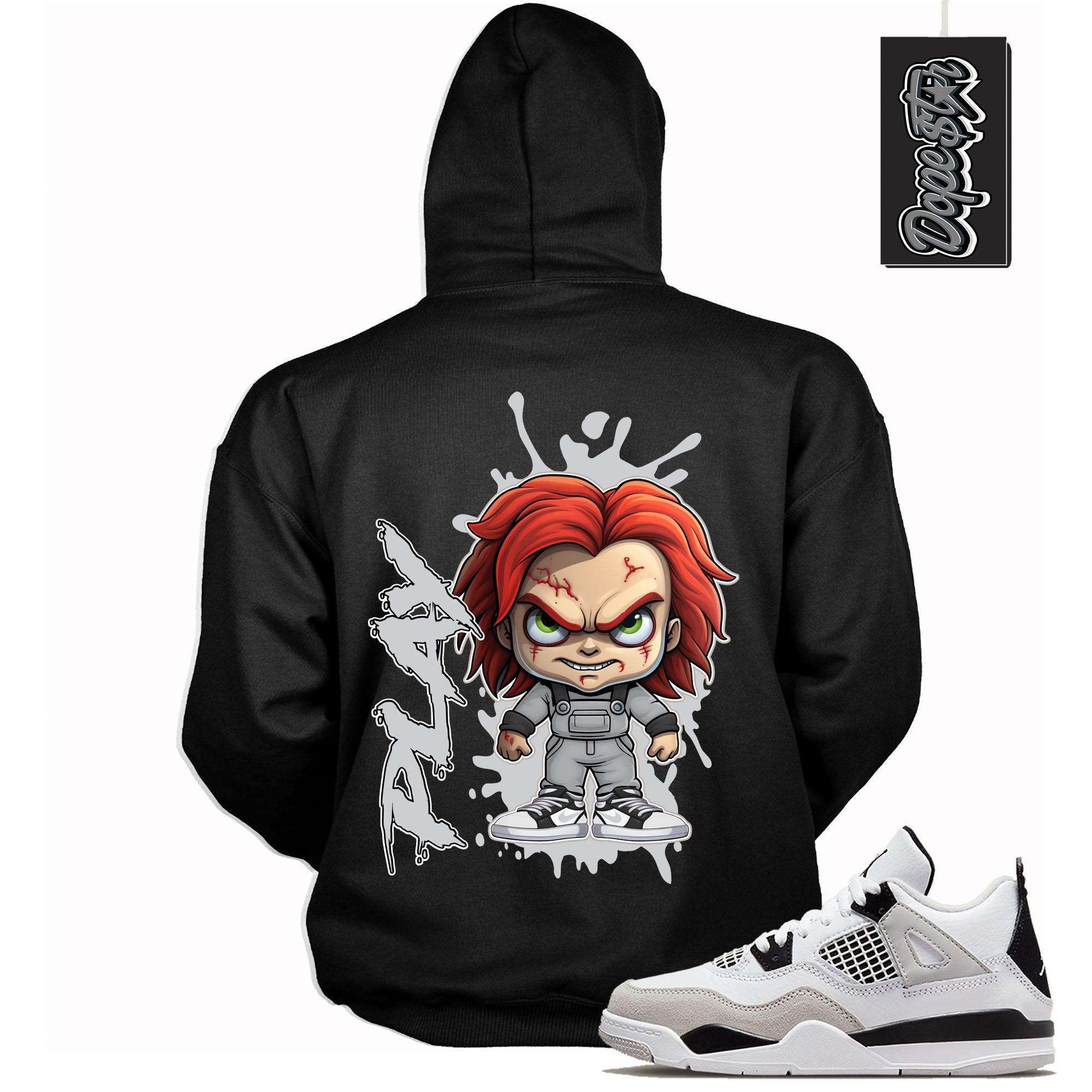 Cool Black Hoodie With Chucky Play design That Perfectly Matches AIR JORDAN 4 RETRO MILITARY BLACK Sneakers