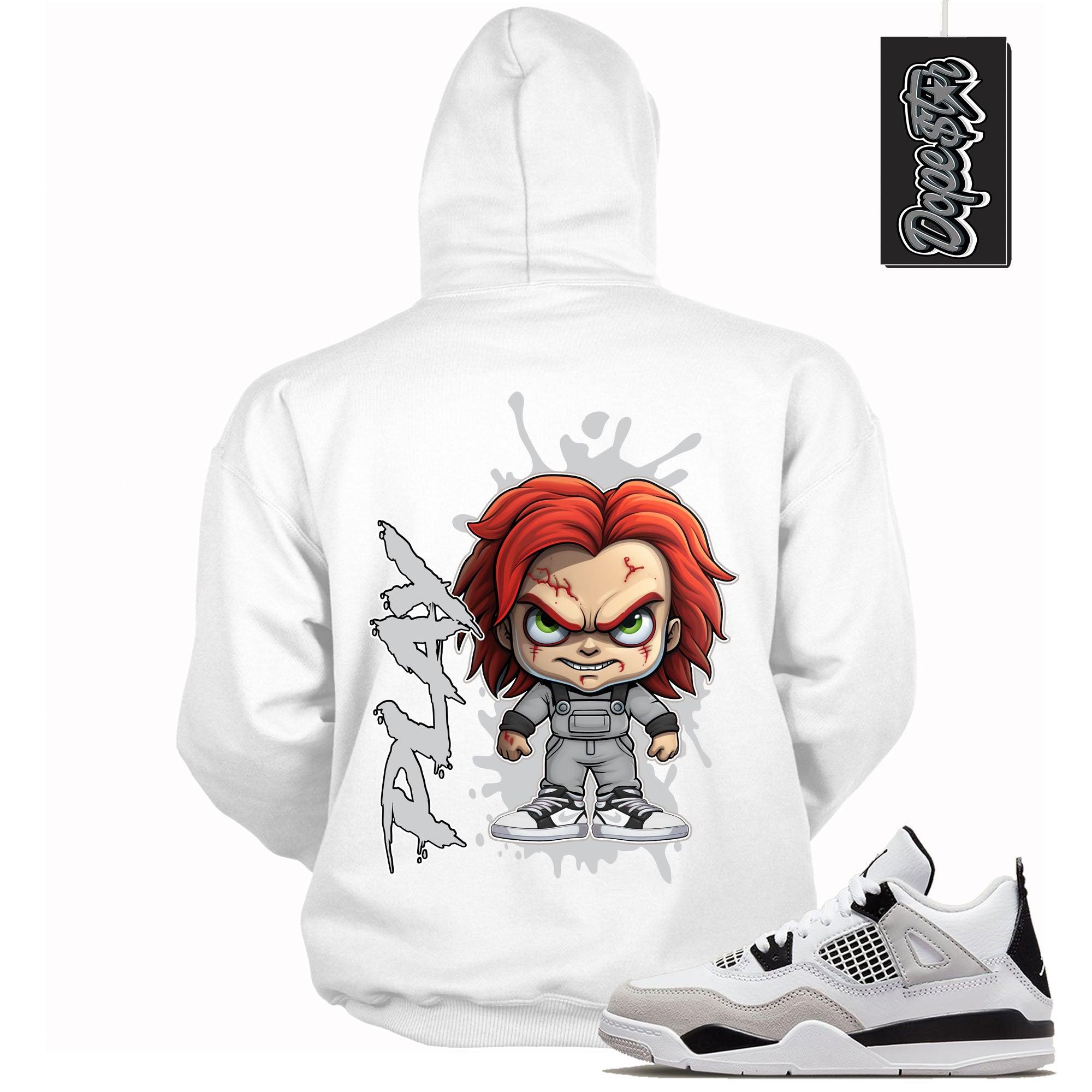 Cool White Hoodie With Chucky Play design That Perfectly Matches AIR JORDAN 4 RETRO MILITARY BLACK Sneakers.