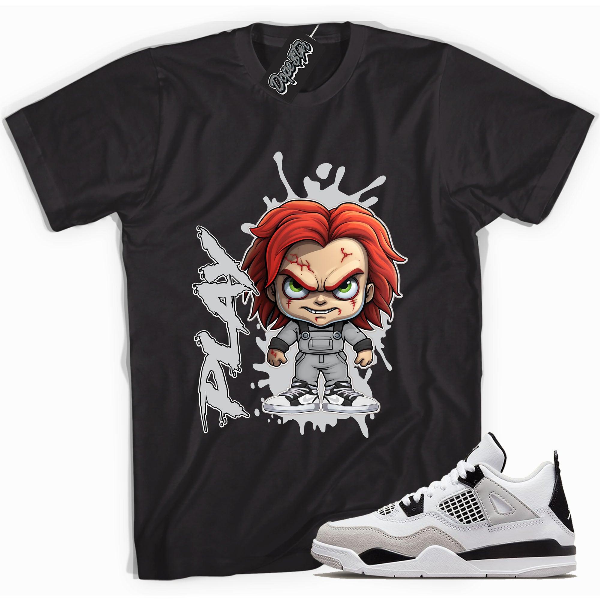 Cool Black Shirt With Chucky Play design That Perfectly Matches AIR JORDAN 4 RETRO MILITARY BLACK Sneakers.