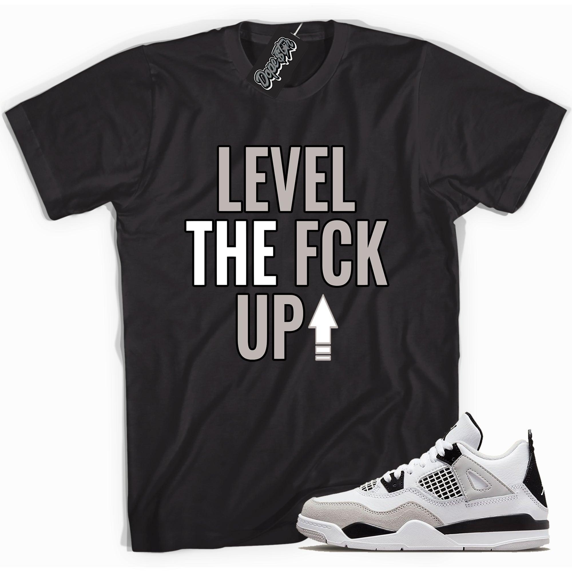 Cool black graphic tee with 'Level Up' print, that perfectly matches Air Jordan 4 Retro Military Black sneakers.