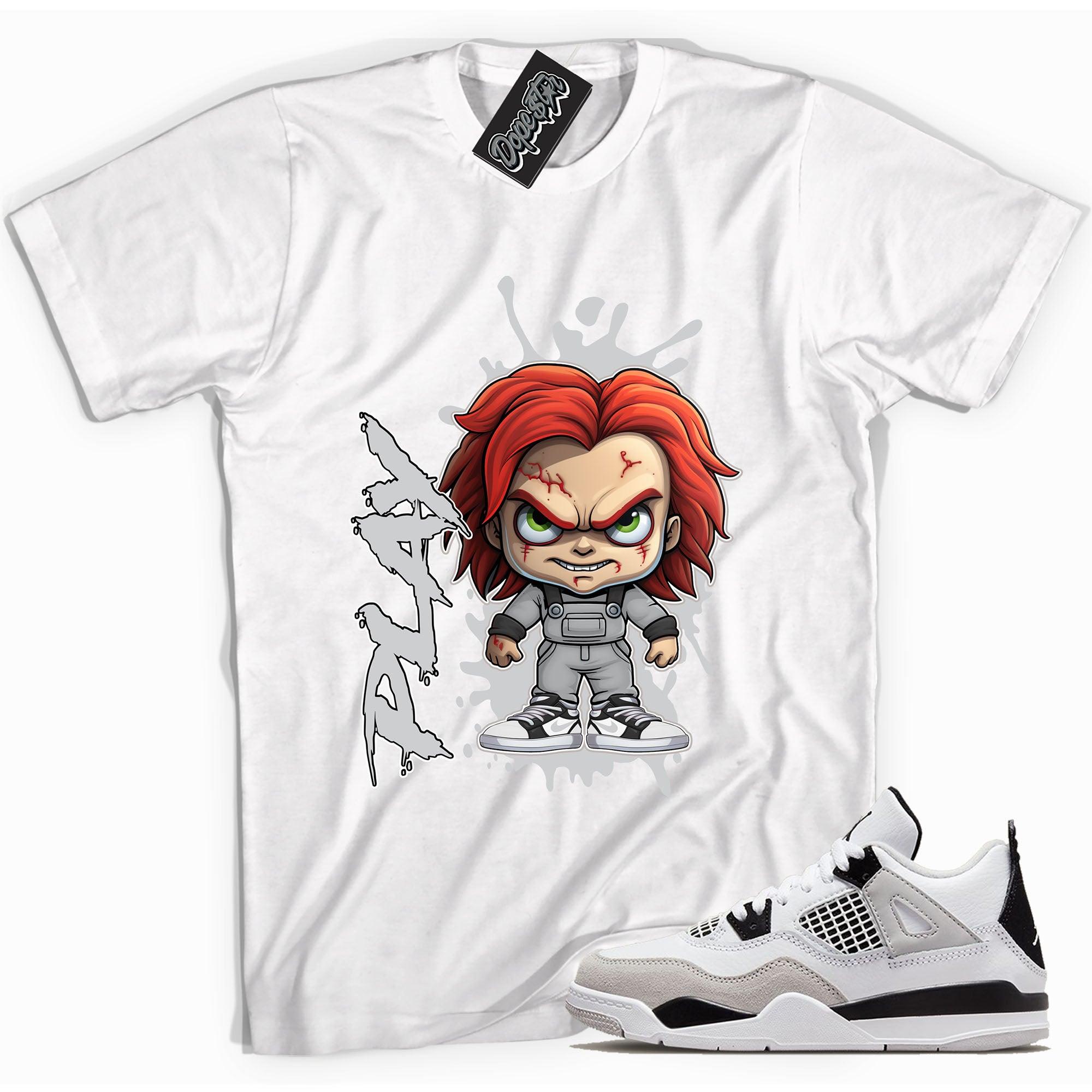 Cool White Shirt With Chucky Play design That Perfectly Matches AIR JORDAN 4 RETRO MILITARY BLACK Sneakers.