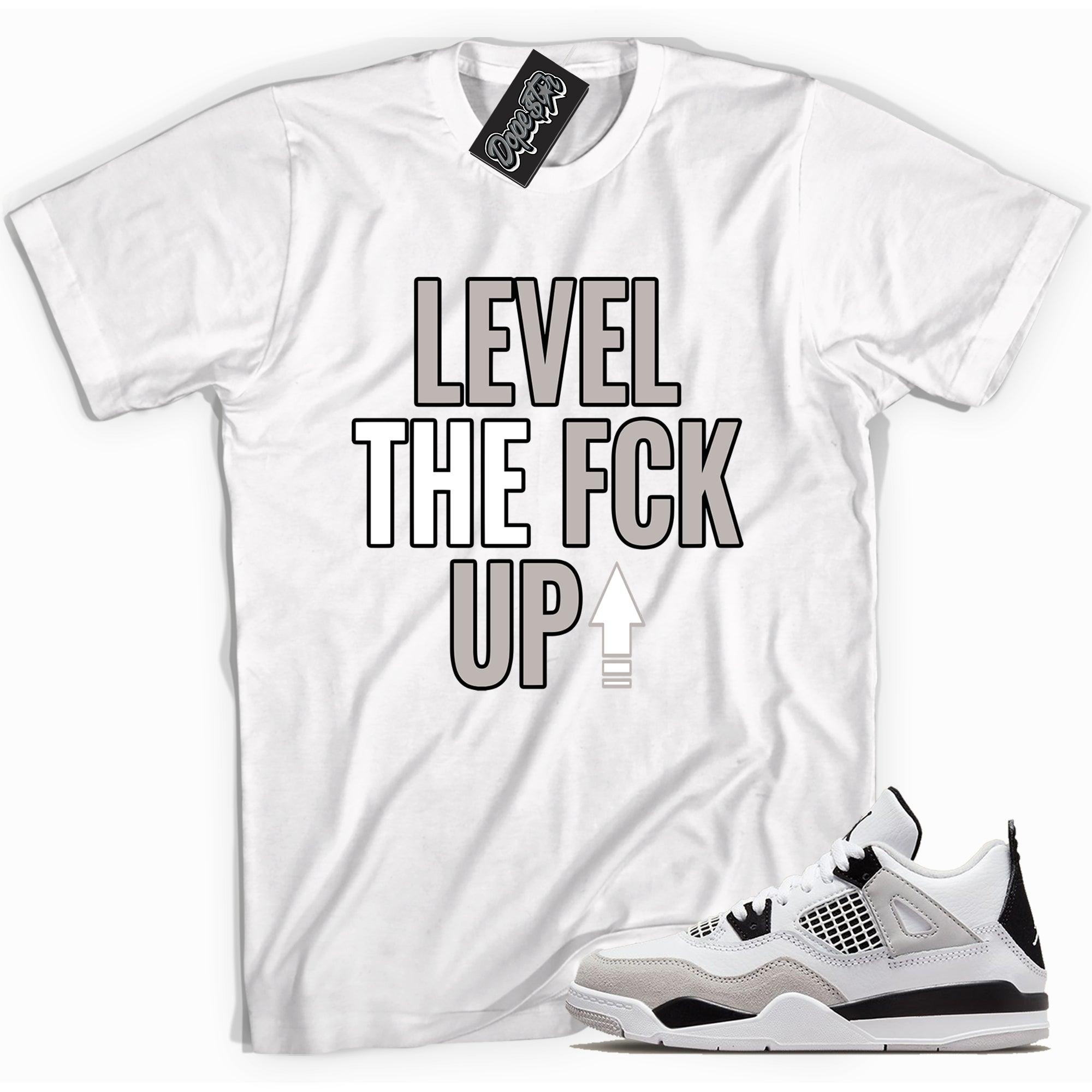 Cool white graphic tee with 'Level Up' print, that perfectly matches Air Jordan 4 Retro Military Black sneakers.