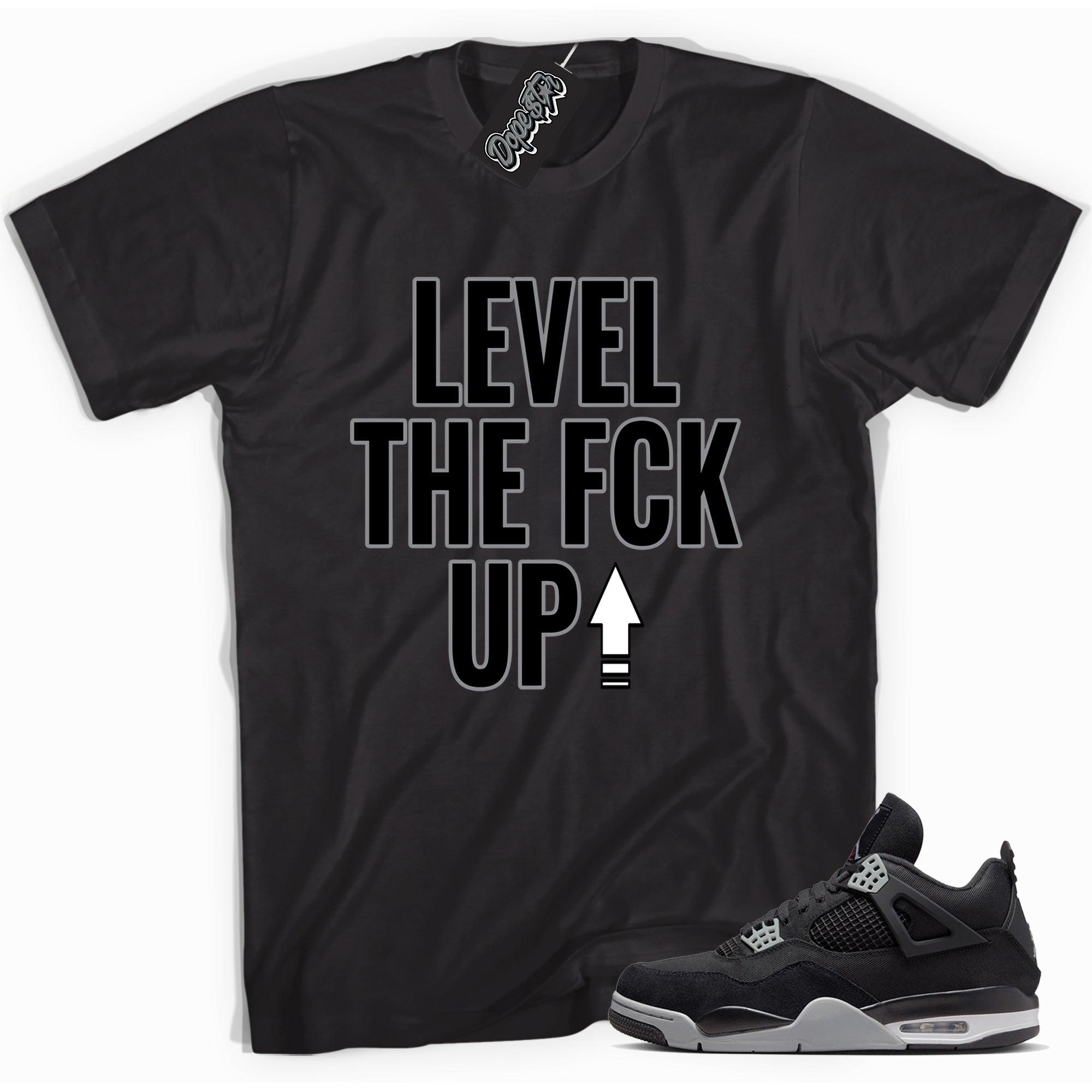Cool black graphic tee with 'Level Up' print, that perfectly matches Air Jordan 4 Retro SE Black Canvas sneakers.