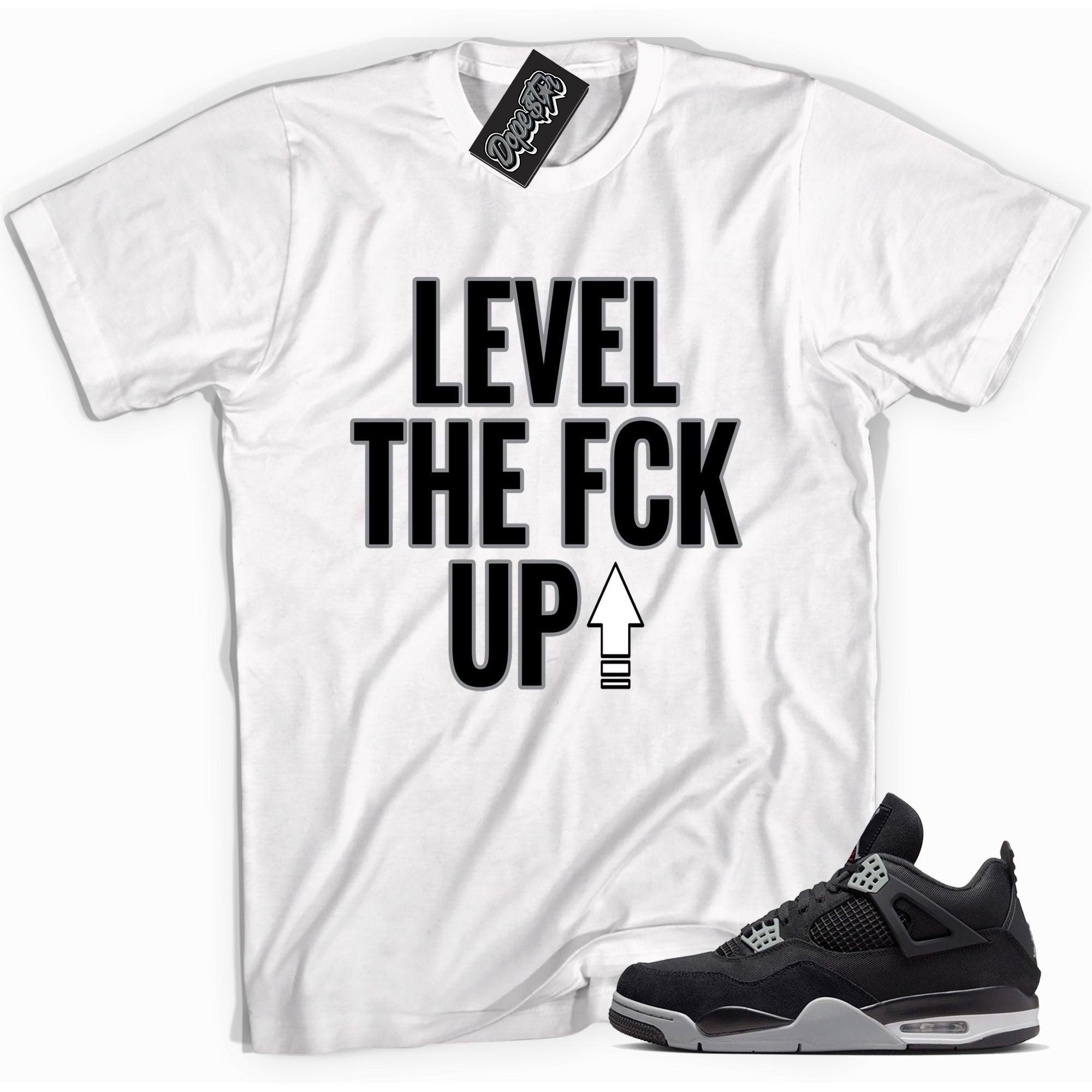 Cool white graphic tee with 'Level Up' print, that perfectly matches Air Jordan 4 Retro SE Black Canvas sneakers.