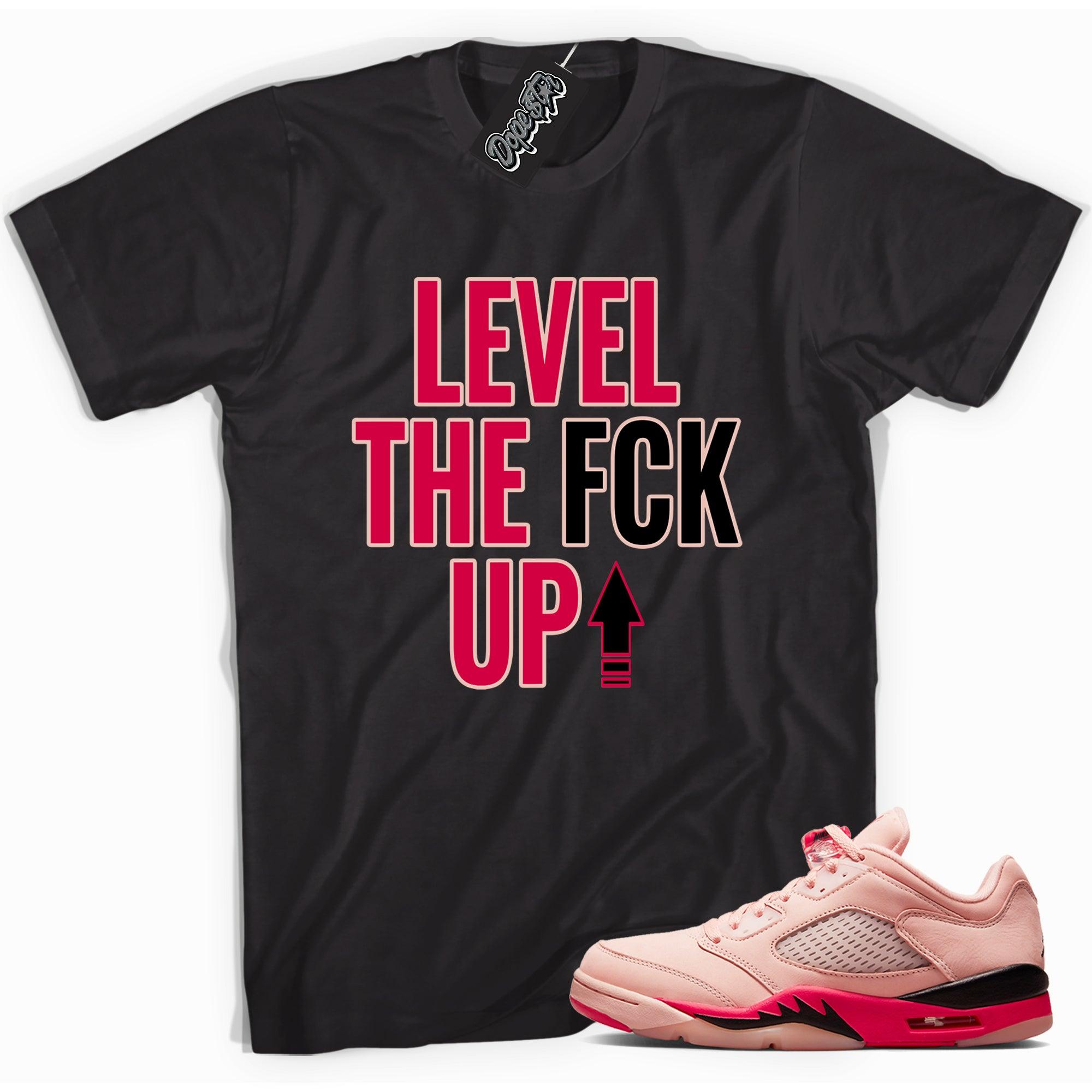 Cool black graphic tee with 'Level Up' print, that perfectly matches Air Jordan 5 Arctic Orange Toe sneakers.