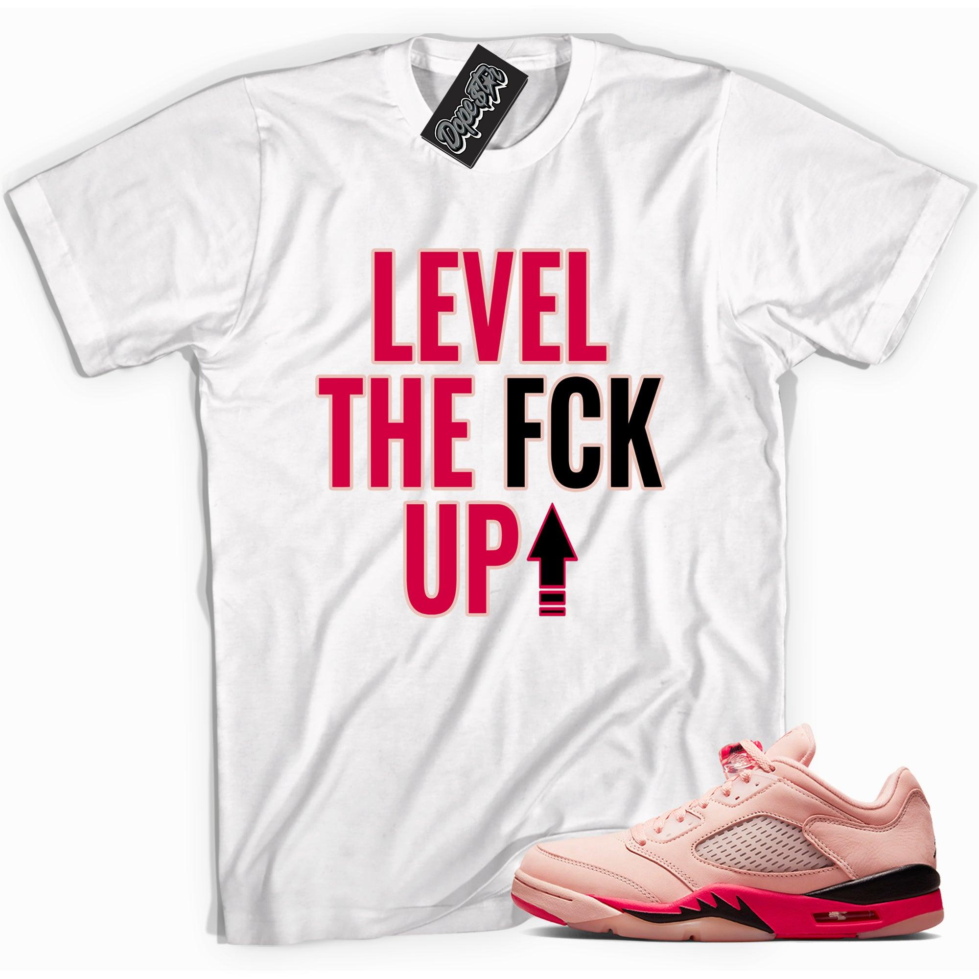 Cool white graphic tee with 'Level Up' print, that perfectly matches Air Jordan 5 Arctic Orange Toe sneakers.