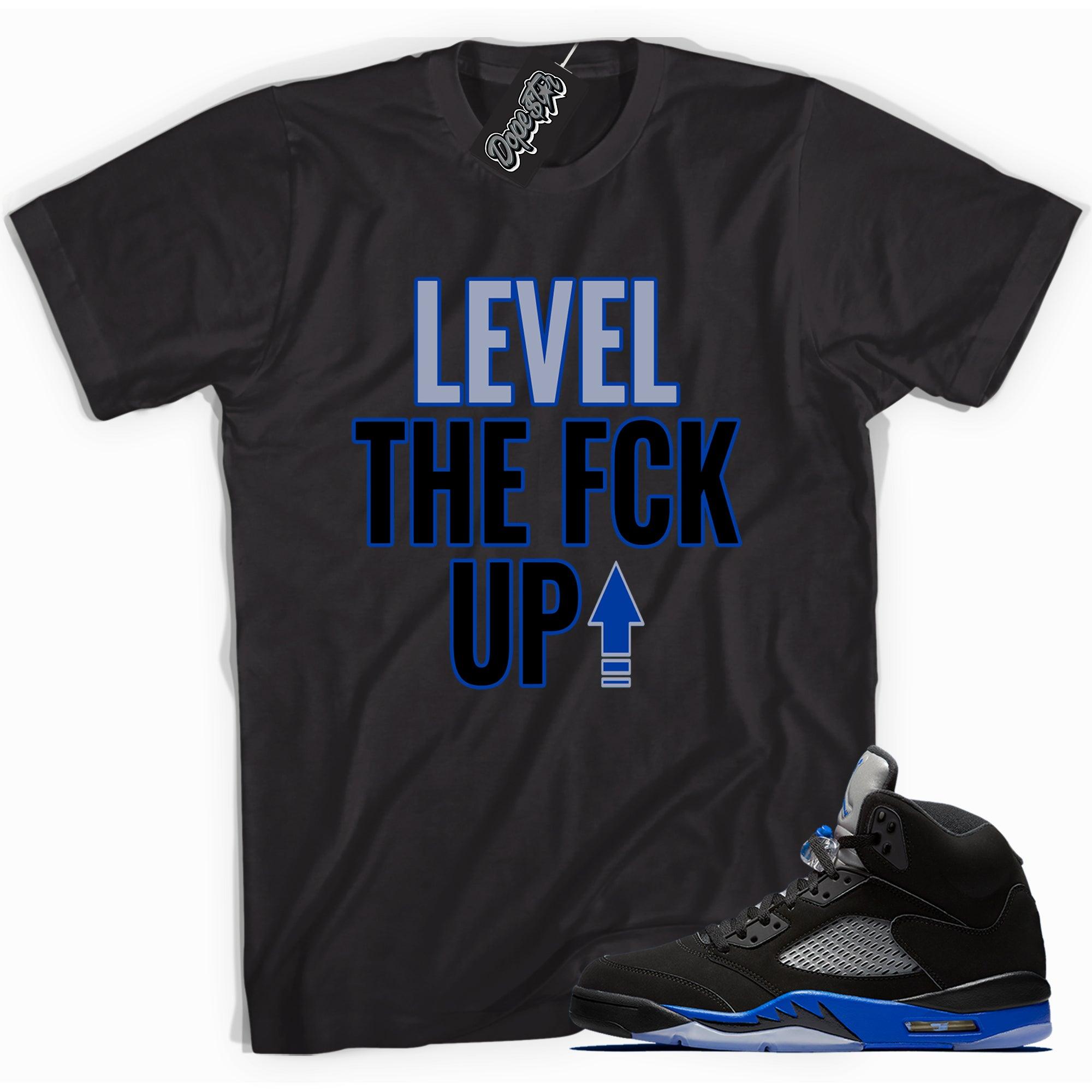 Cool black graphic tee with 'Level Up' print, that perfectly matches Air Jordan 5 Racer Blue Toe sneakers.