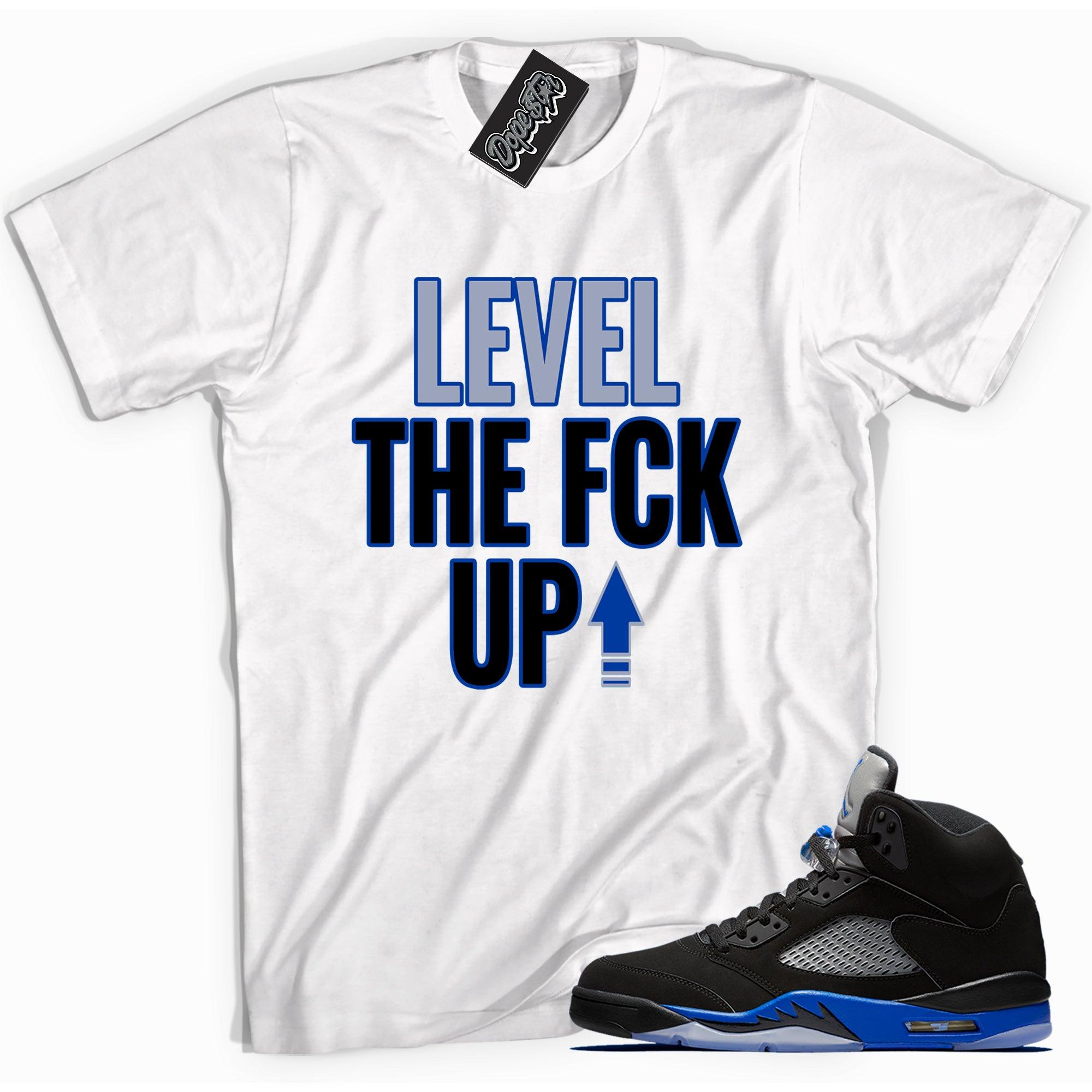 Cool white graphic tee with 'Level Up' print, that perfectly matches Air Jordan 5 Racer Blue Toe sneakers.