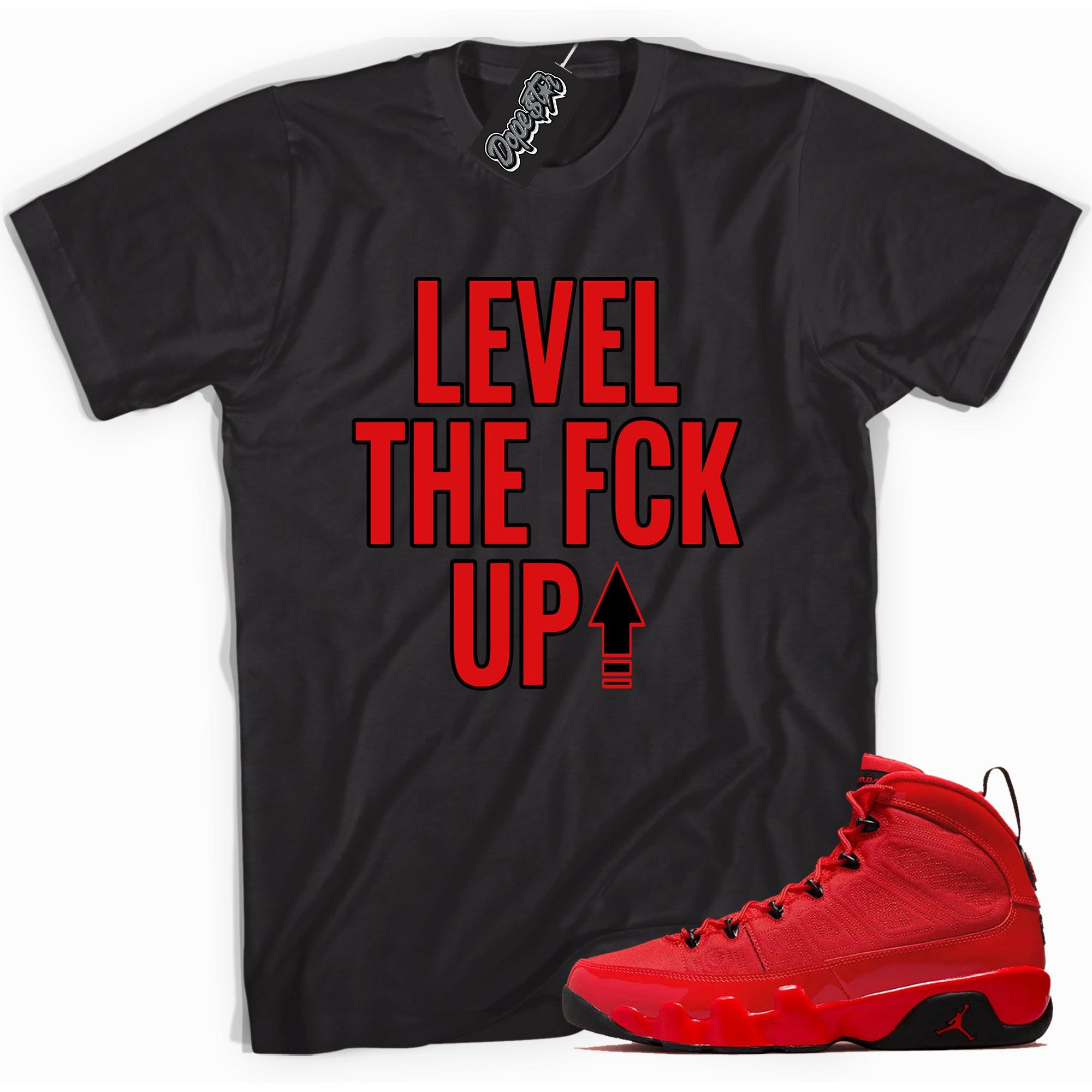 Cool black graphic tee with 'Level Up' print, that perfectly matches Air Jordan 9 Retro Chile Red sneakers.