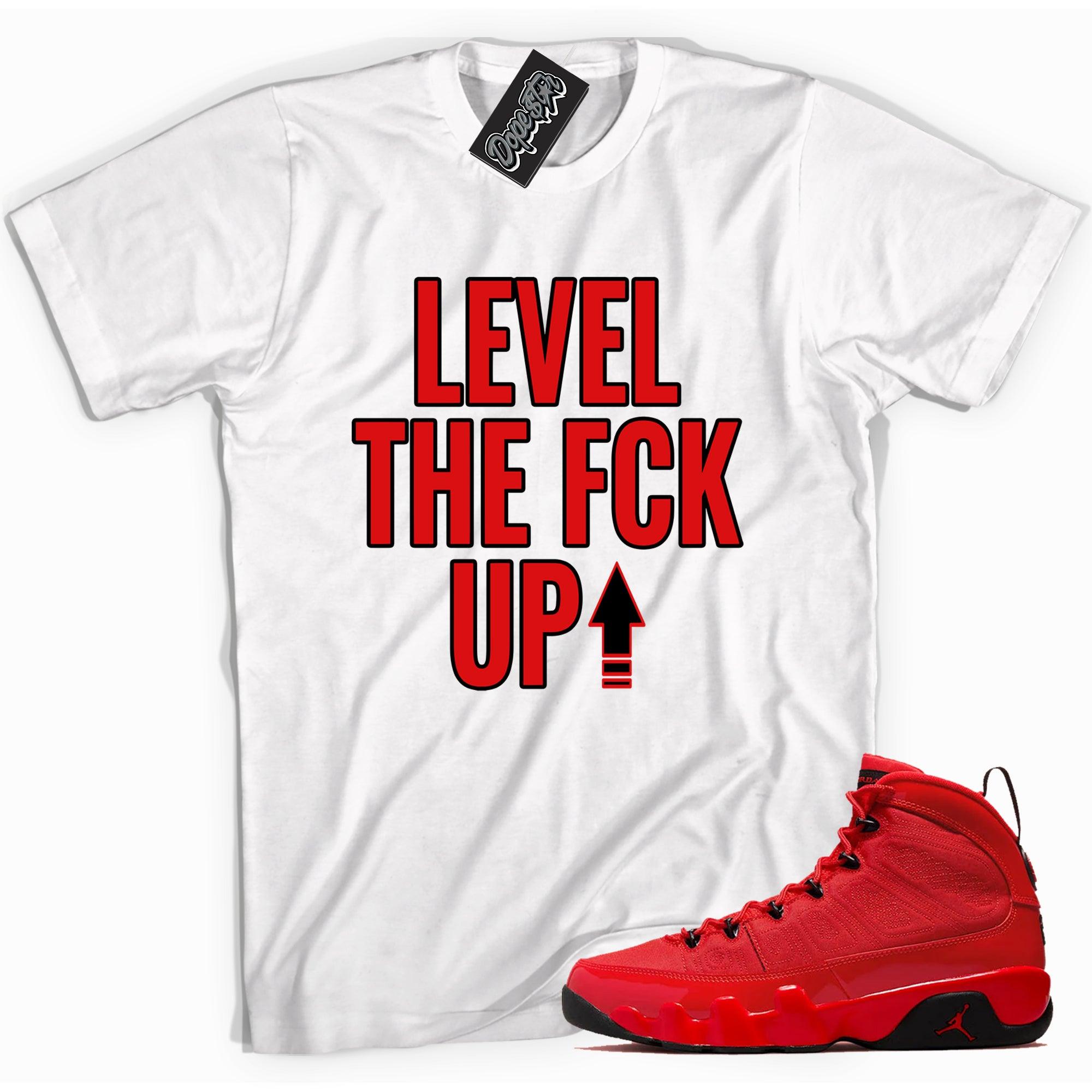 Cool white graphic tee with 'Level Up' print, that perfectly matches Air Jordan 9 Retro Chile Red sneakers.