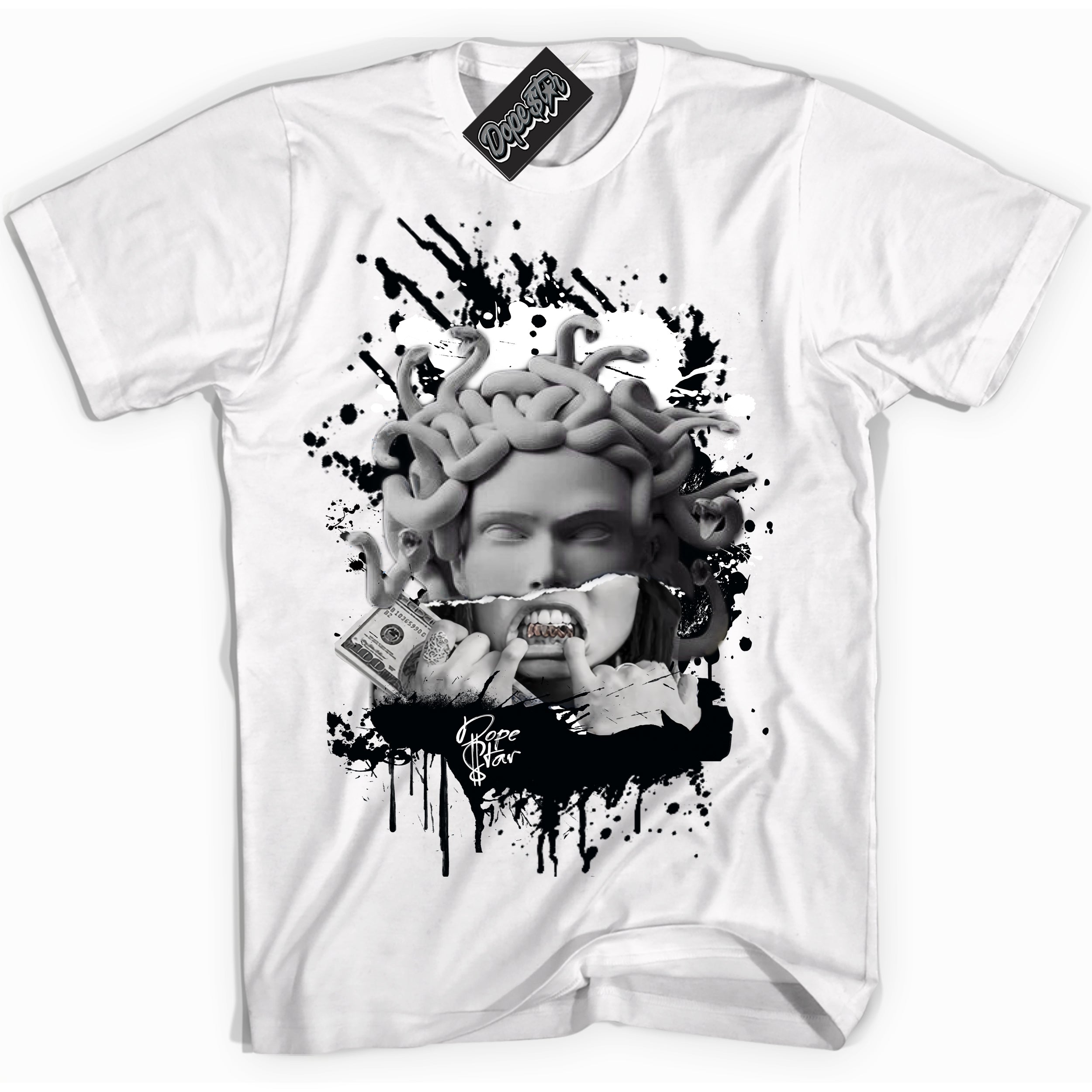 Cool White graphic tee with “ MEDUSA ” print, that perfectly matches AJKO 1s Low Black and White sneakers