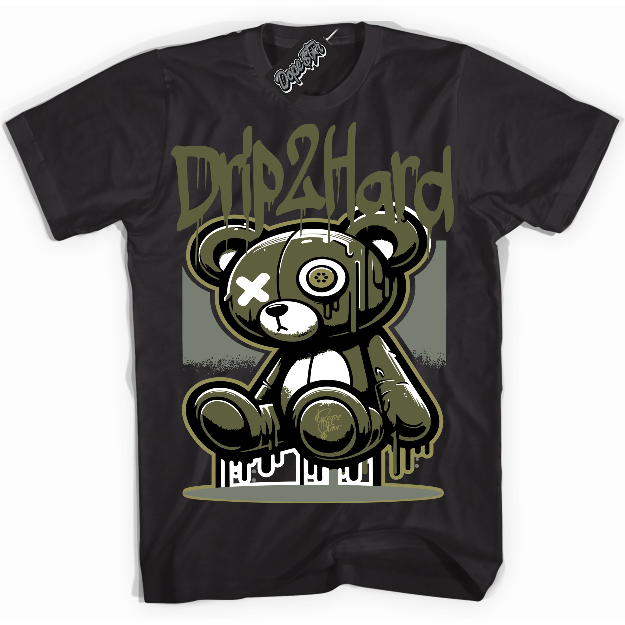 Cool Black graphic tee with “ Drip 2 Hard ” print, that perfectly matches Craft Olive 4s sneakers 