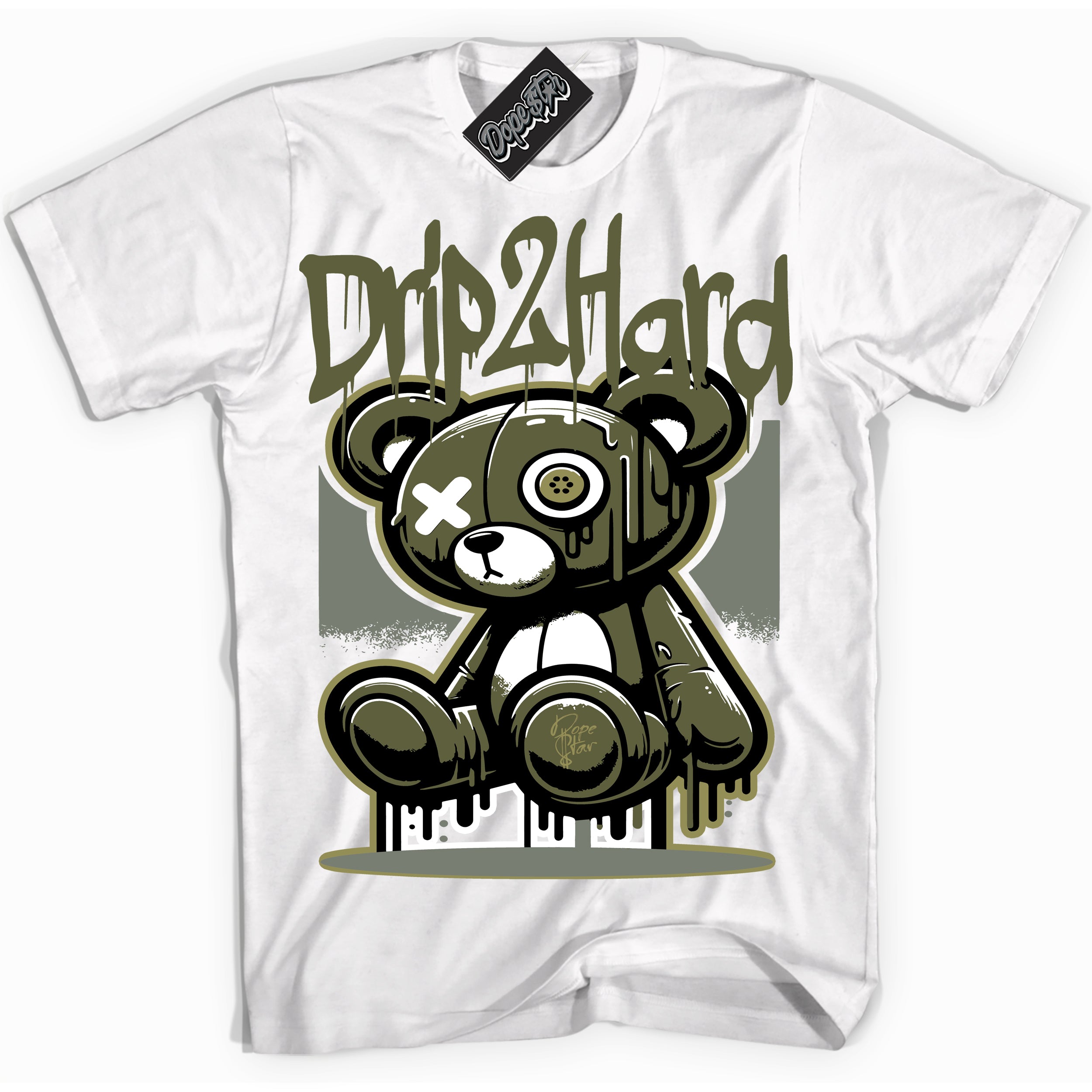 Cool White graphic tee with “ Drip 2 Hard ” print, that perfectly matches Craft Olive 4s sneakers 