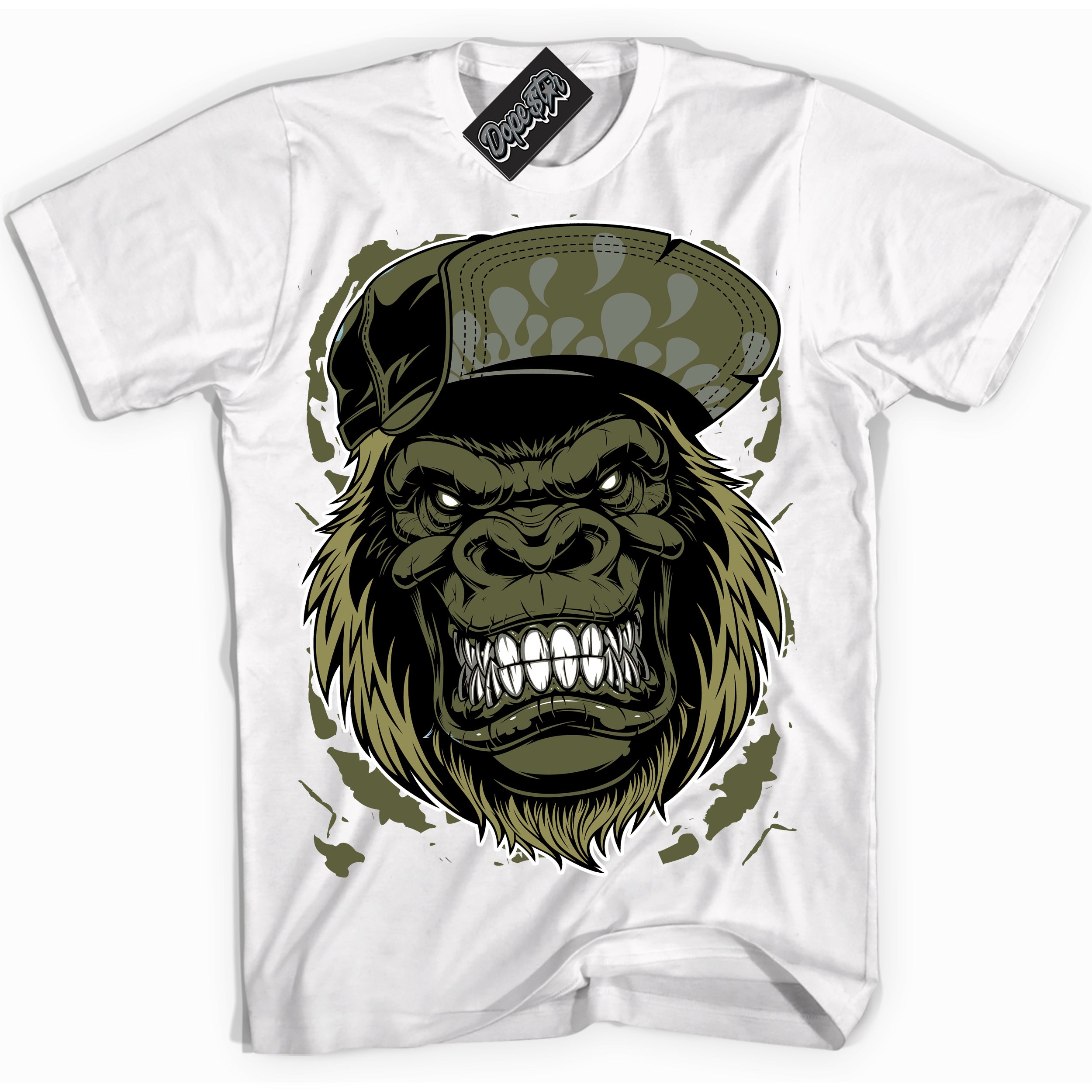 Cool White graphic tee with “ Gorilla Beast ” print, that perfectly matches Craft Olive 4s sneakers 