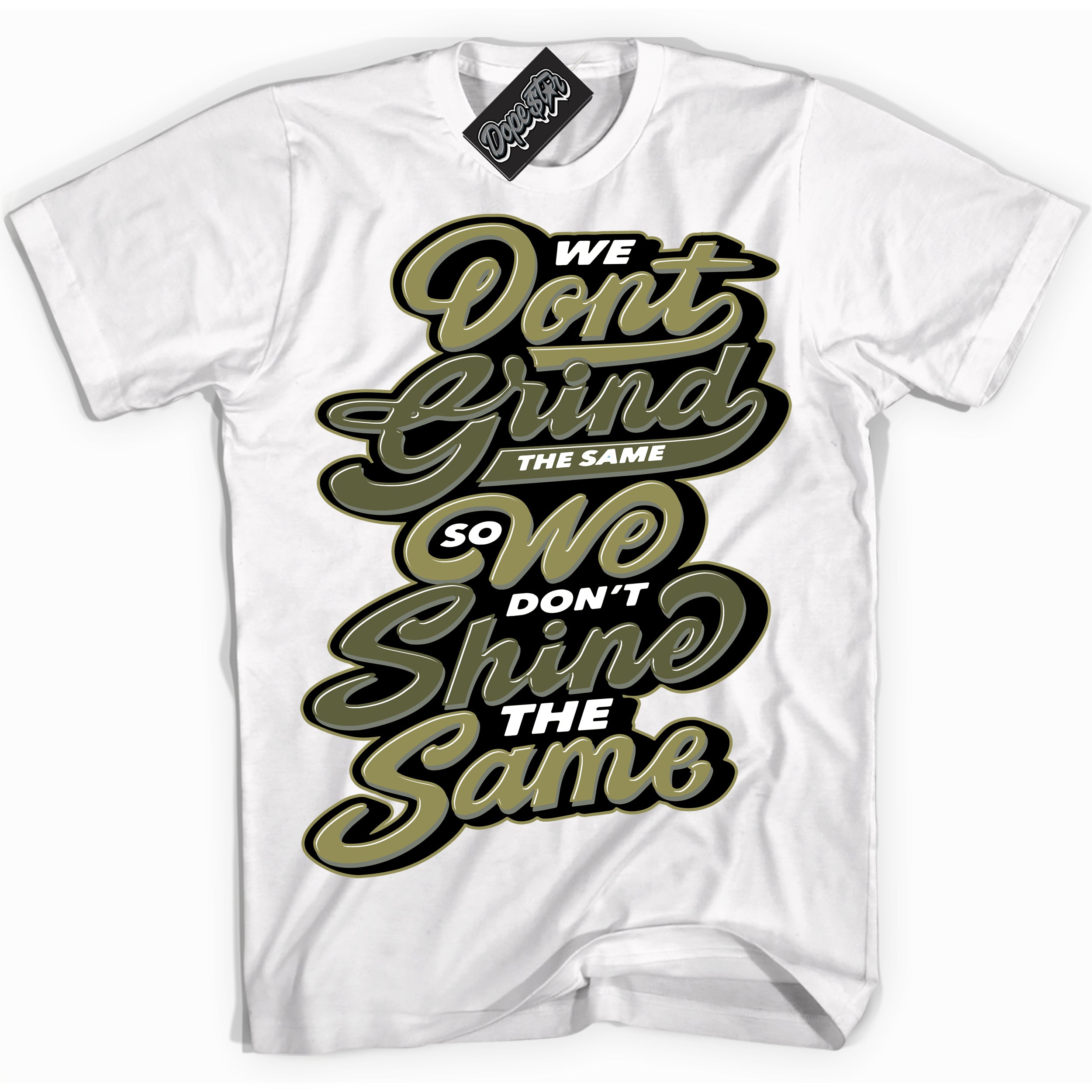 Cool White graphic tee with “ Grind Shine ” print, that perfectly matches Craft Olive 4s sneakers 
