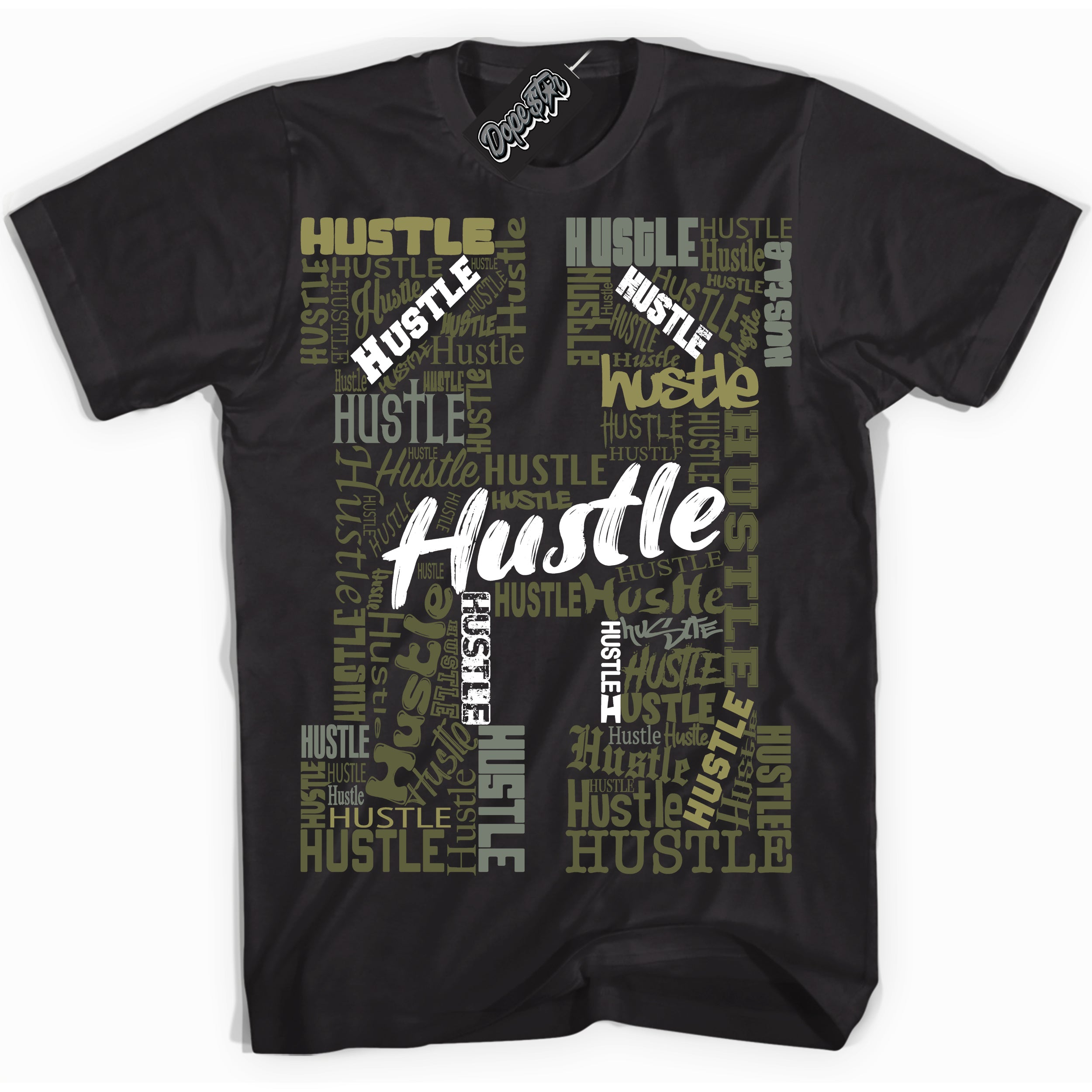 Cool Black graphic tee with “ Hustle H ” print, that perfectly matches Craft Olive 4s sneakers 