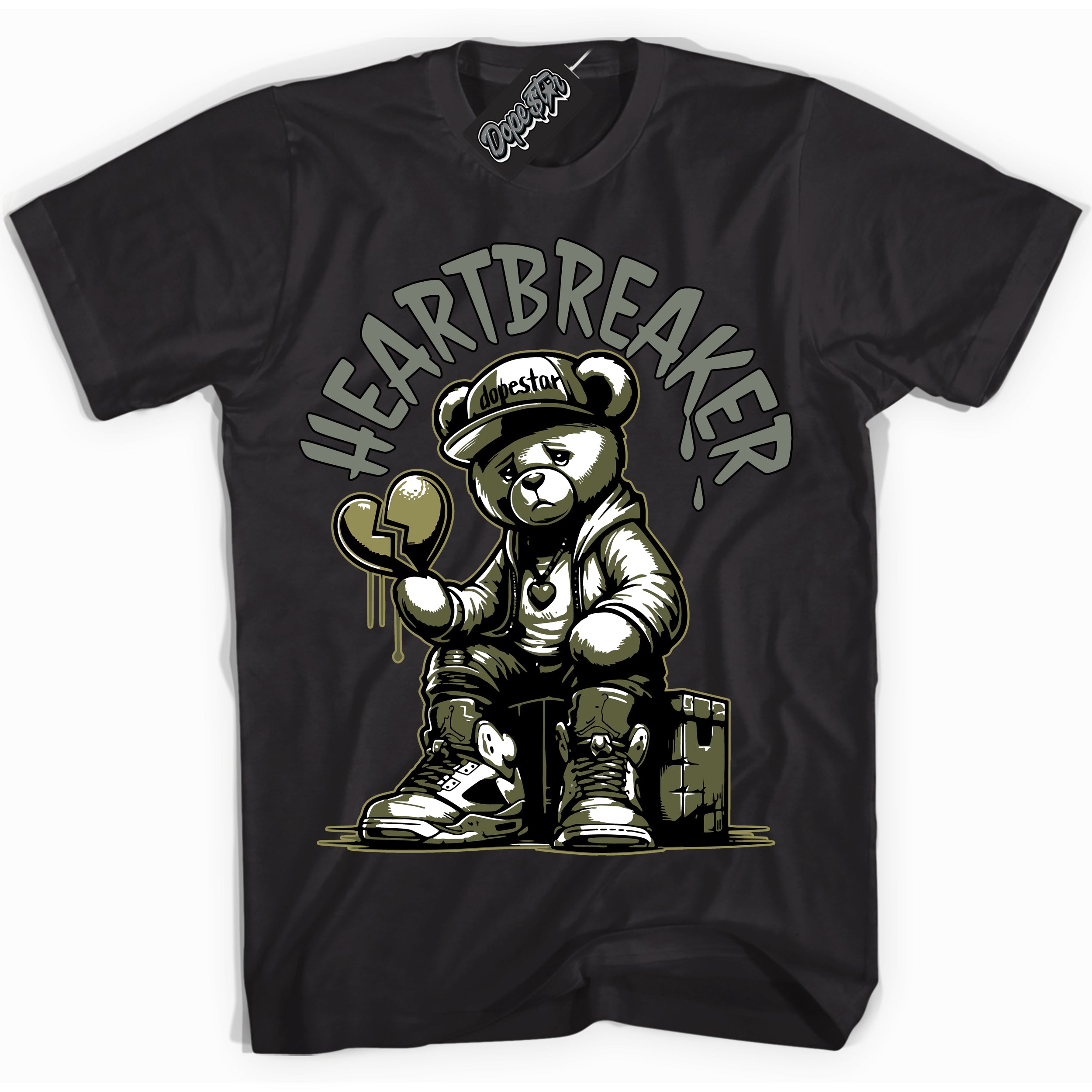 Cool Black graphic tee with “ Heartbreaker Bear ” print, that perfectly matches Craft Olive 4s sneakers