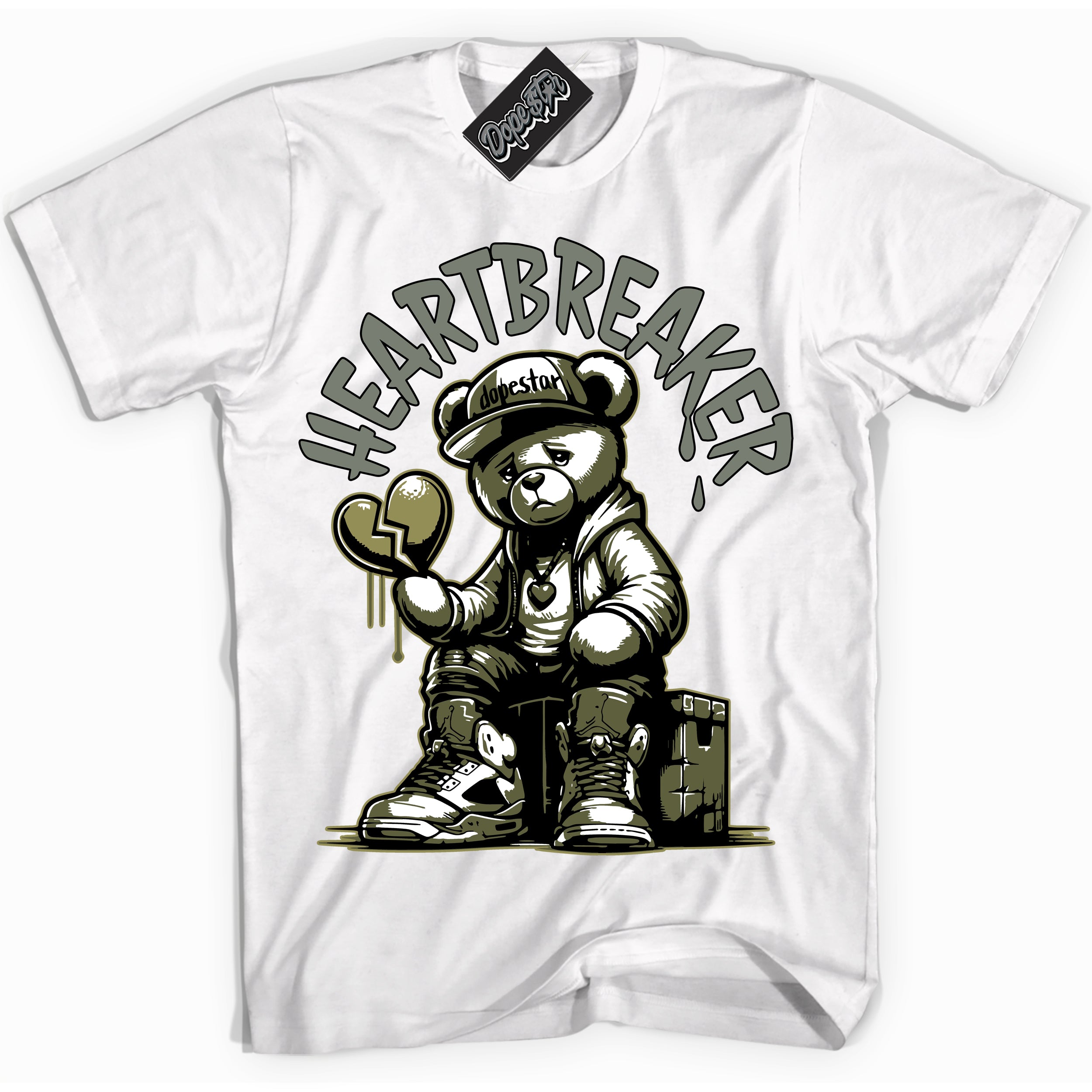 Cool White graphic tee with “ Heartbreaker Bear ” print, that perfectly matches Craft Olive 4s sneakers 