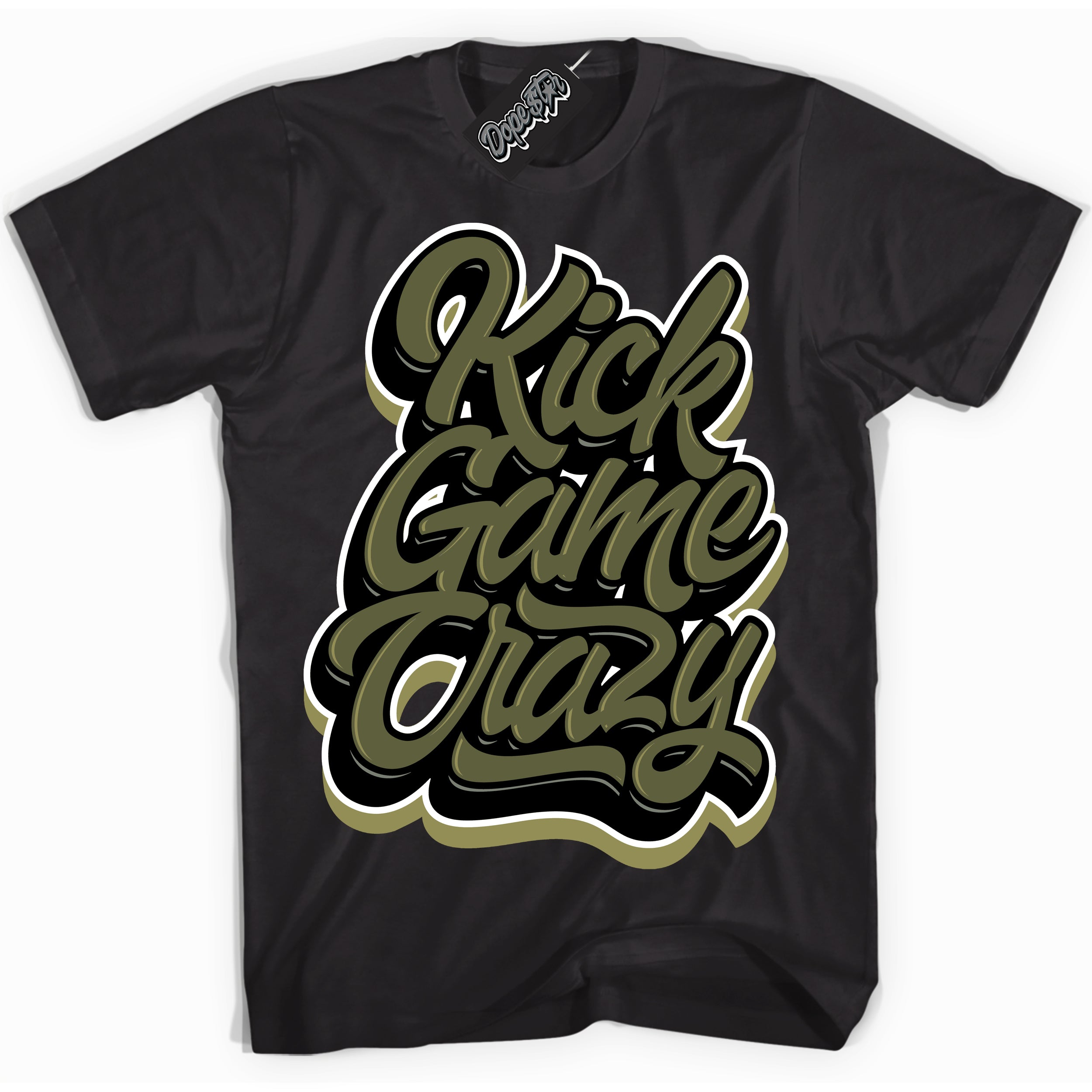 Cool Black graphic tee with “ Kick Game Crazy ” print, that perfectly matches Craft Olive 4s sneakers