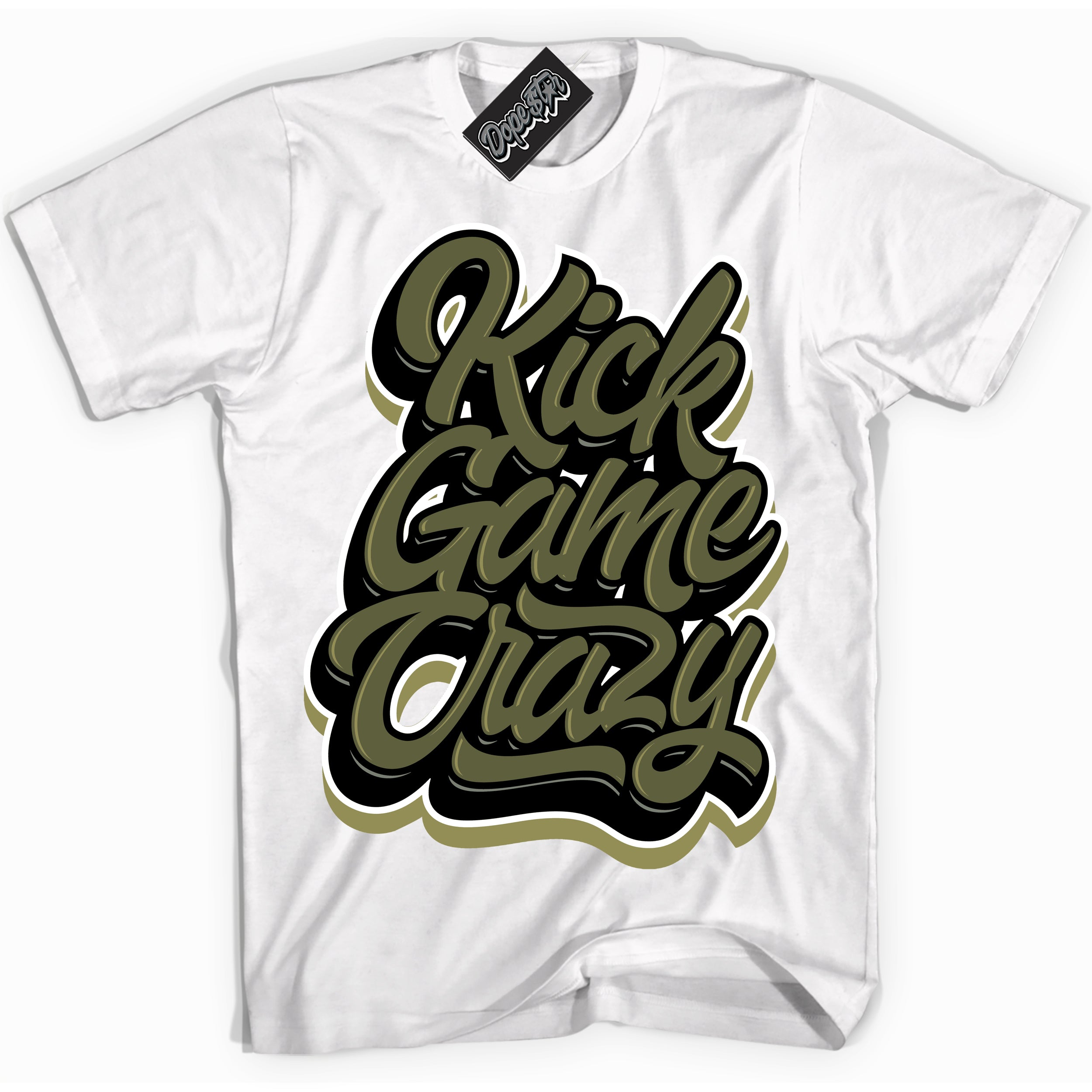 Cool White graphic tee with “ Kick Game Crazy ” print, that perfectly matches Craft Olive 4s sneakers 