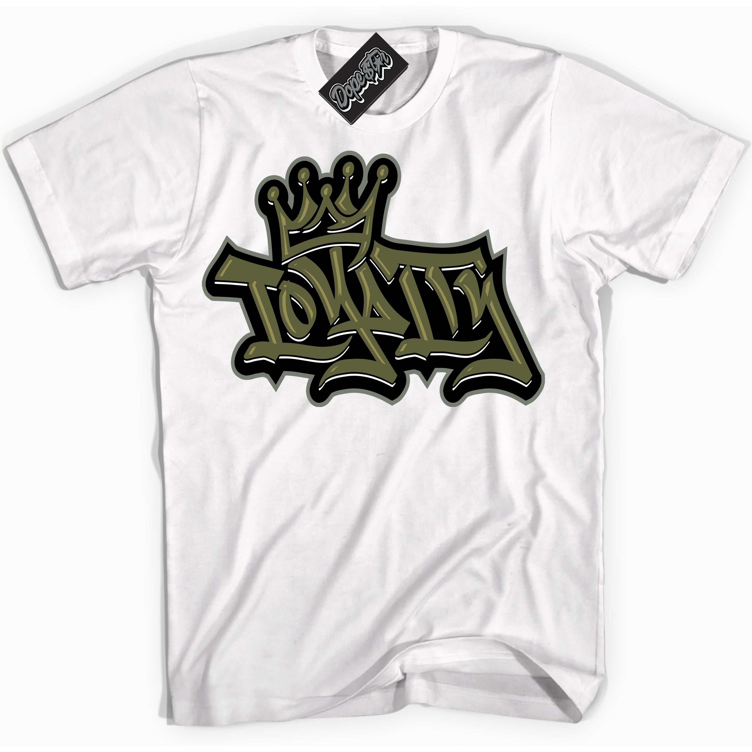 Cool White graphic tee with “ Loyaity ” print, that perfectly matches Craft Olive 4s sneakers  