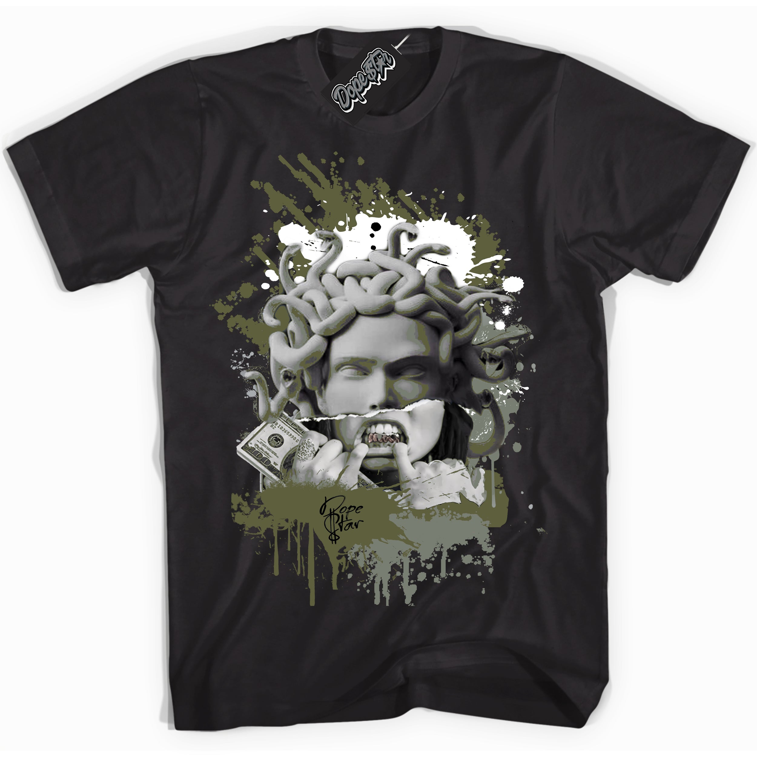 Cool Black graphic tee with “ Medusa ” print, that perfectly matches Craft Olive 4s sneakers 