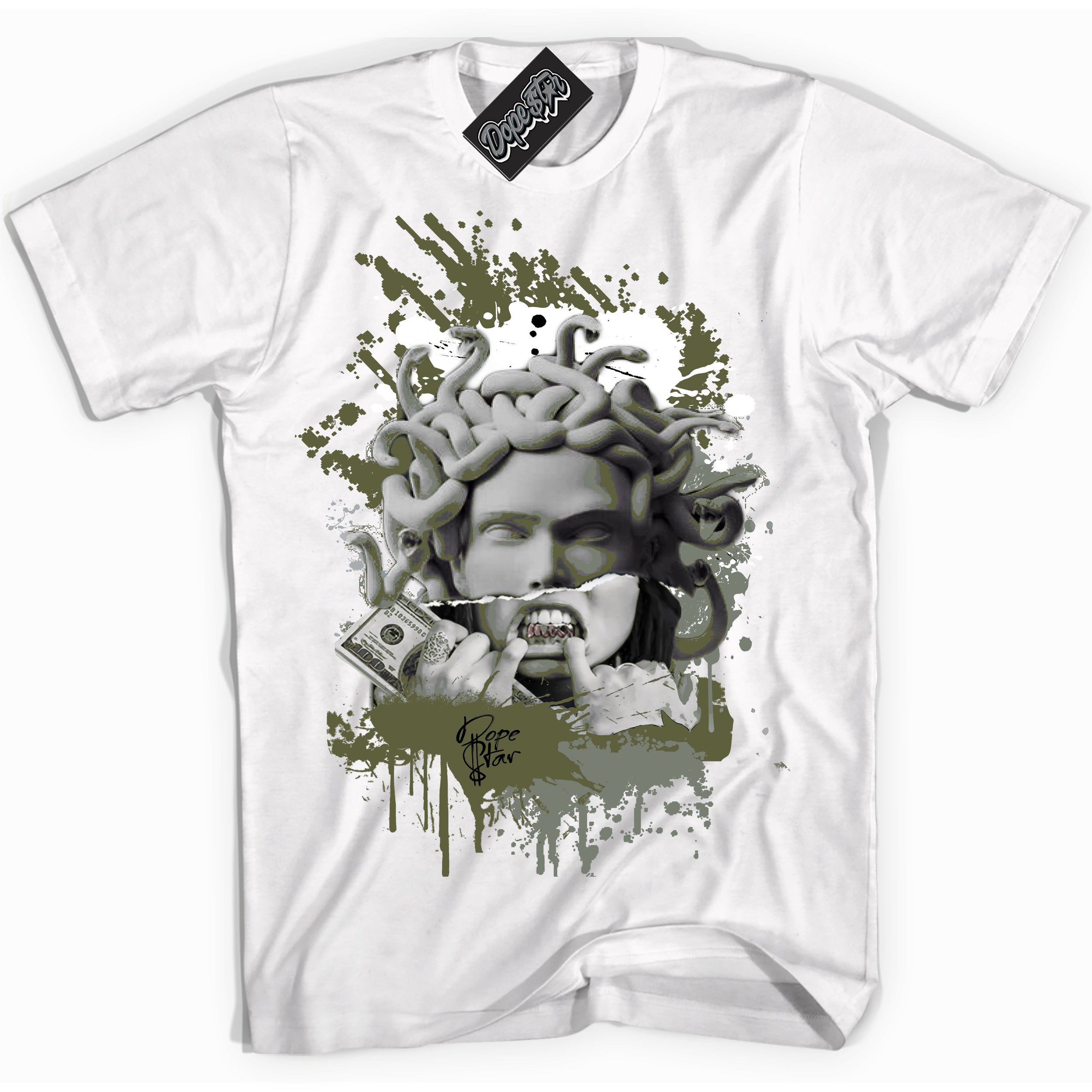 Cool White graphic tee with “ Medusa ” print, that perfectly matches Craft Olive 4s sneakers 