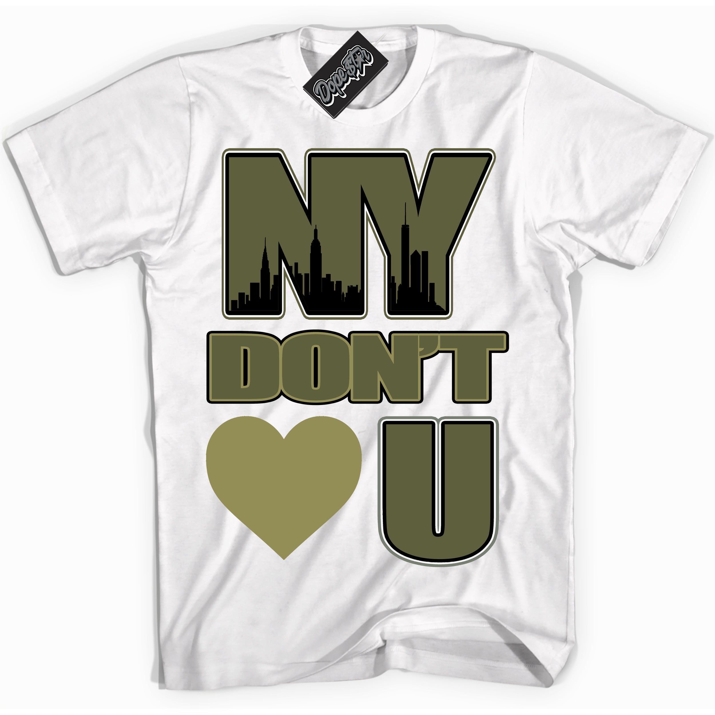 Cool White graphic tee with “ NY Don’t Love U ” print, that perfectly matches Craft Olive 4s sneakers