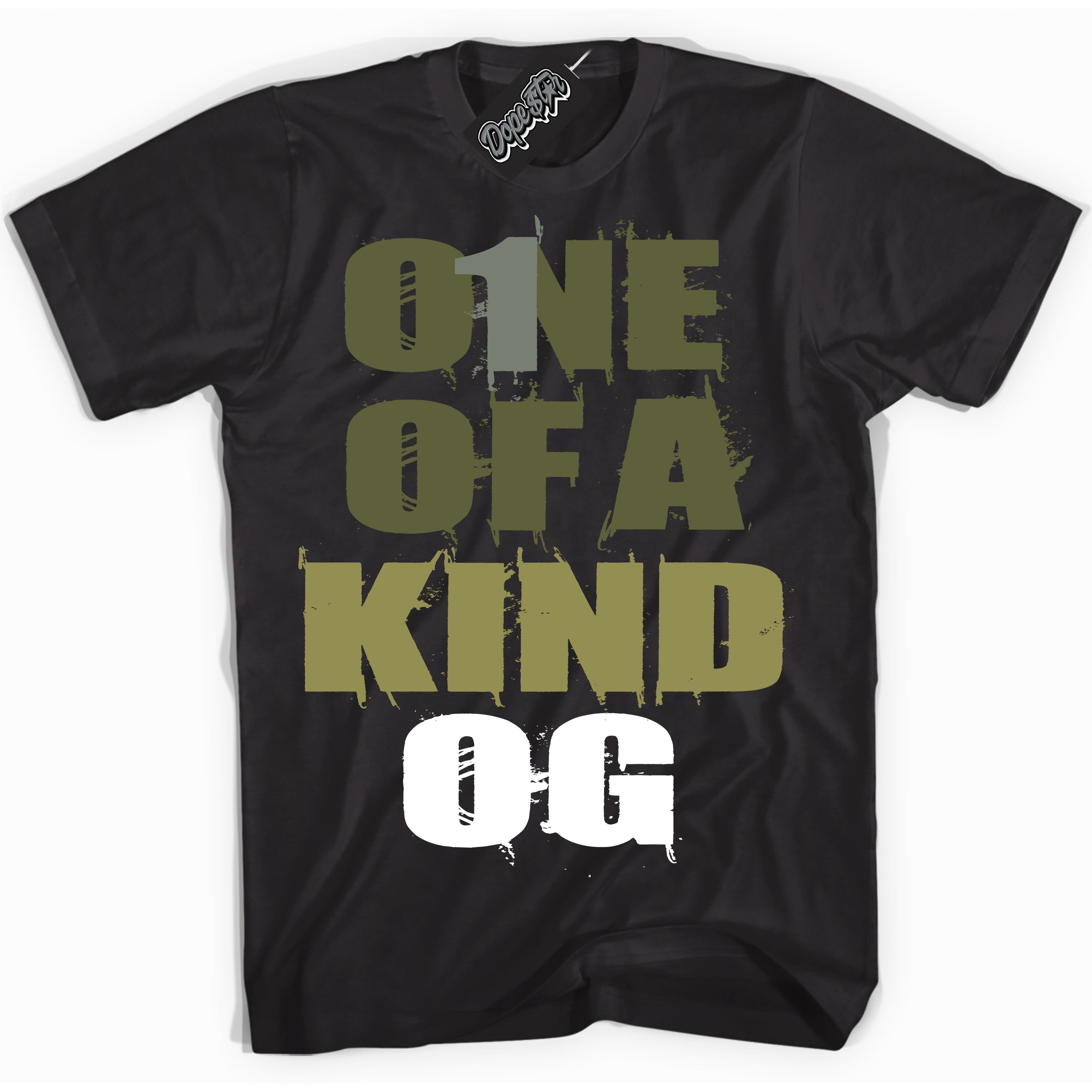 Cool Black graphic tee with “ One Of A Kind OG ” print, that perfectly matches Craft Olive 4s sneakers 