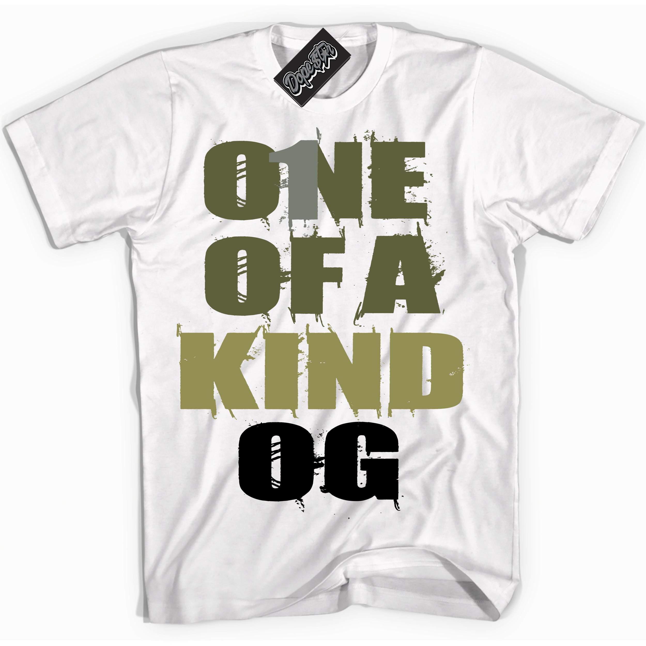 Cool White graphic tee with “ One Of A Kind OG ” print, that perfectly matches Craft Olive 4s sneakers 
