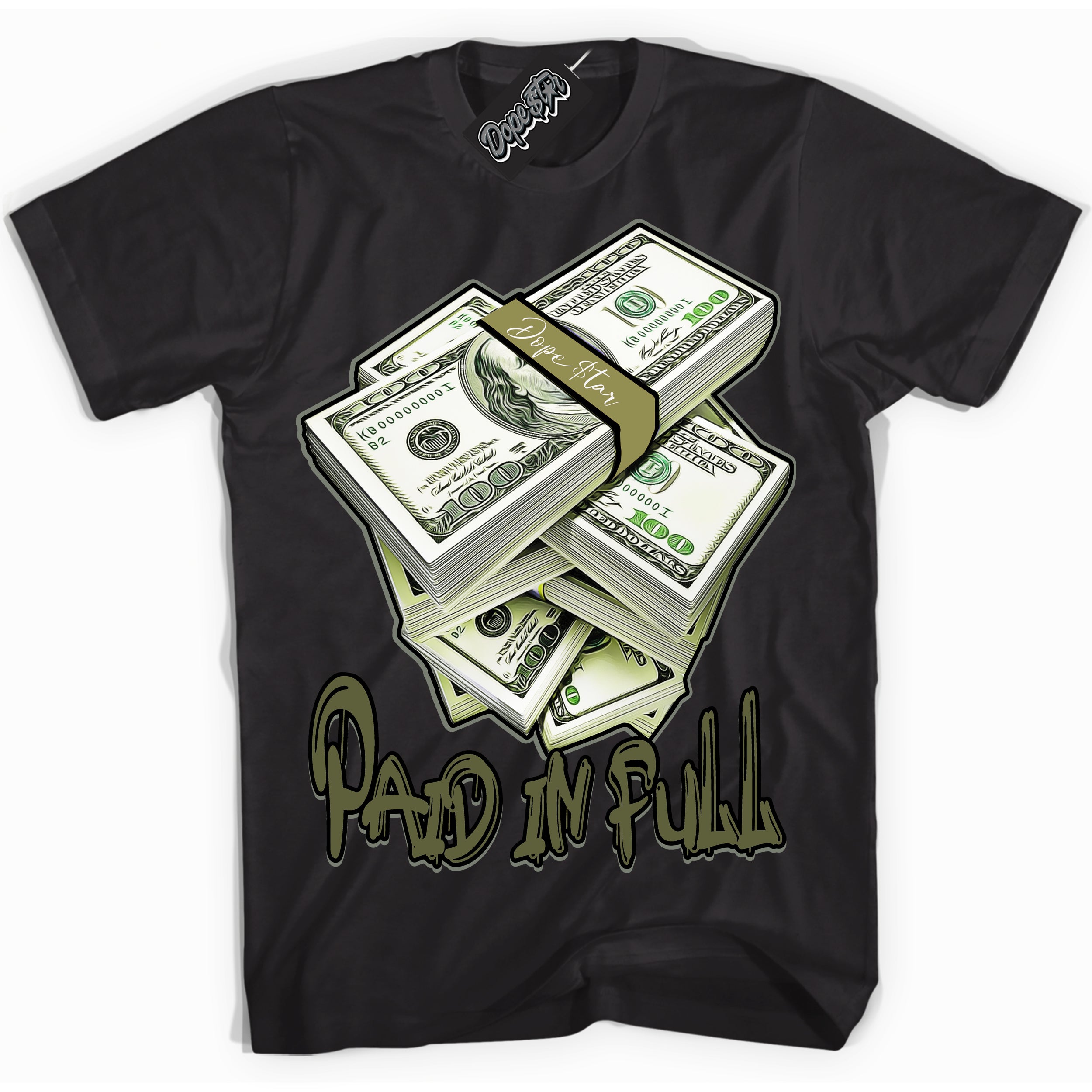 Cool Black graphic tee with “ Paid In Full ” print, that perfectly matches Craft Olive 4s sneakers 
