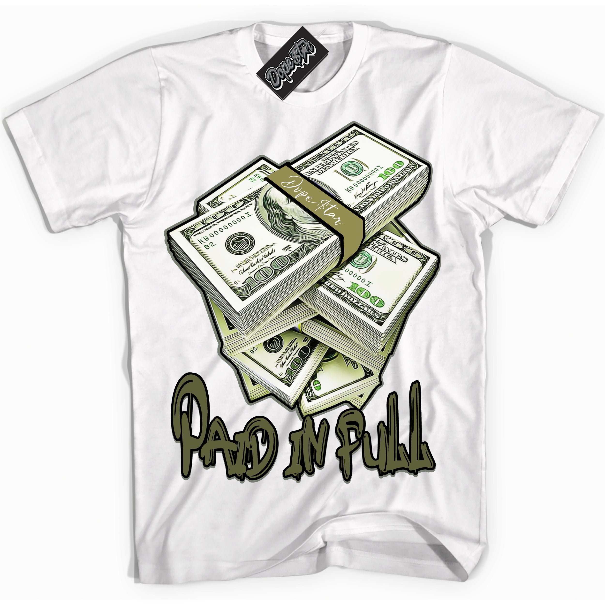 Cool White graphic tee with “ Paid In Full ” print, that perfectly matches Craft Olive 4s sneakers 