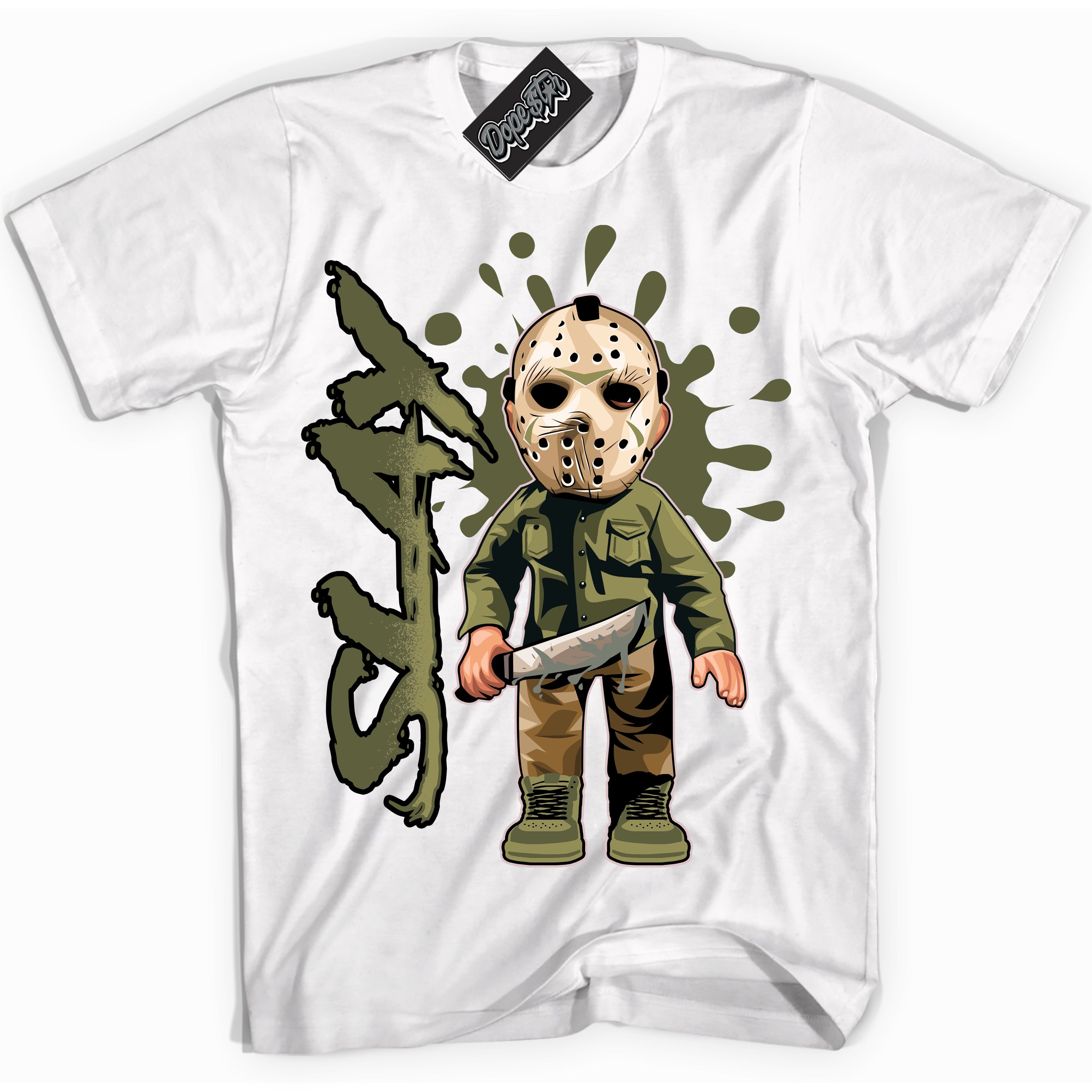 Cool White graphic tee with “ SLAY ” print, that perfectly matches Craft Olive 4s sneakers 