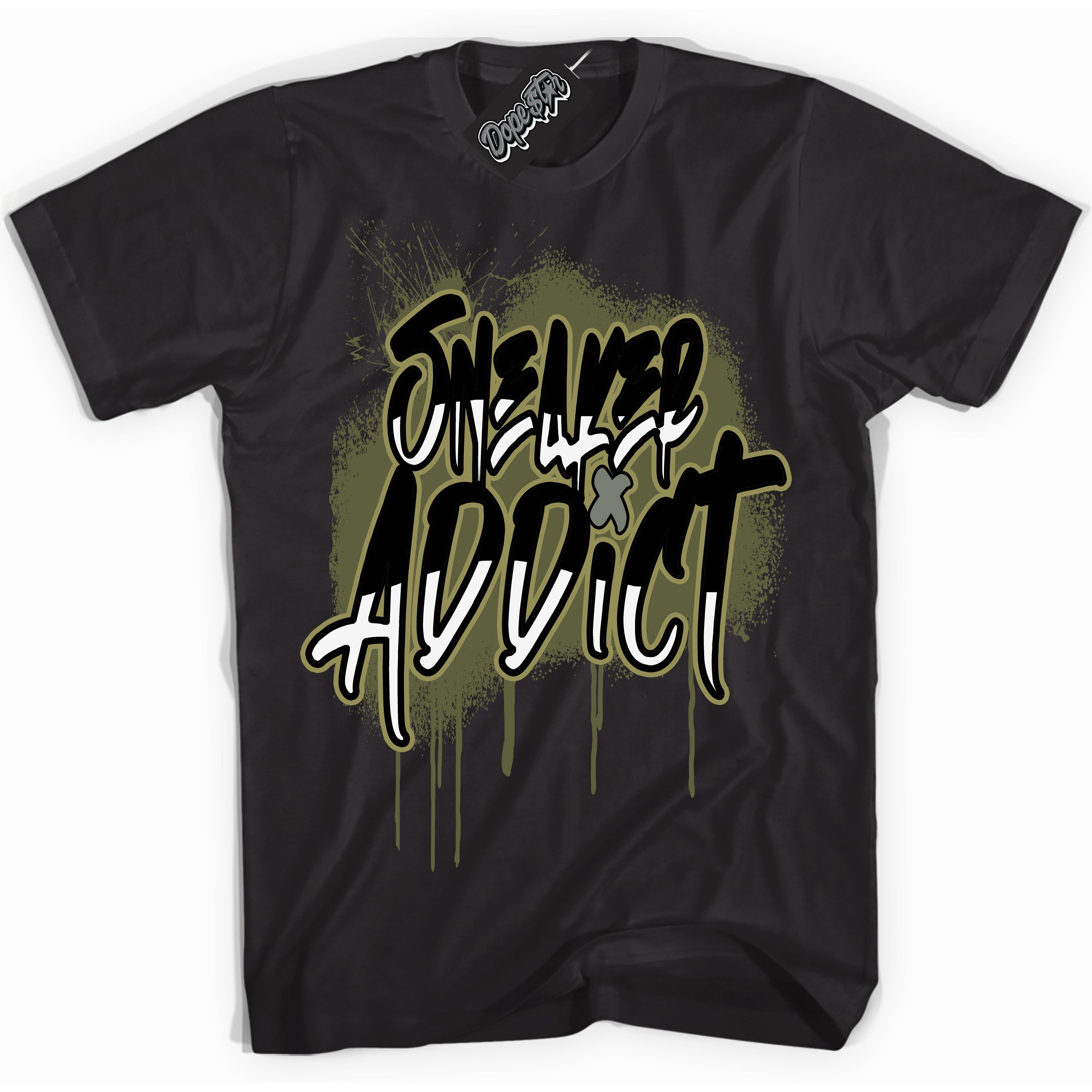 Cool Black graphic tee with “ Sneaker Addict ” print, that perfectly matches Craft Olive 4s sneakers 