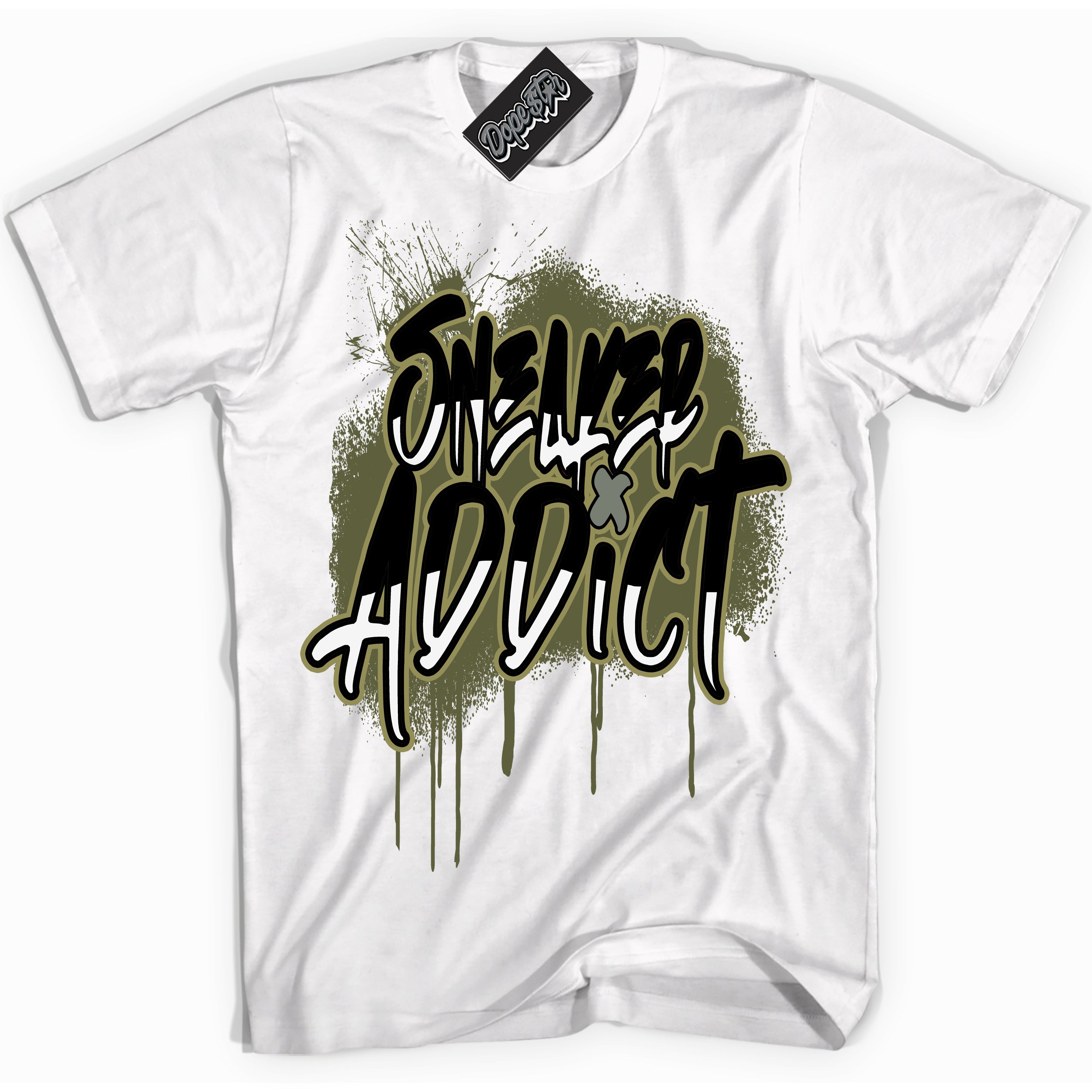 Cool White graphic tee with “ Sneaker Addict ” print, that perfectly matches Craft Olive 4s sneakers 