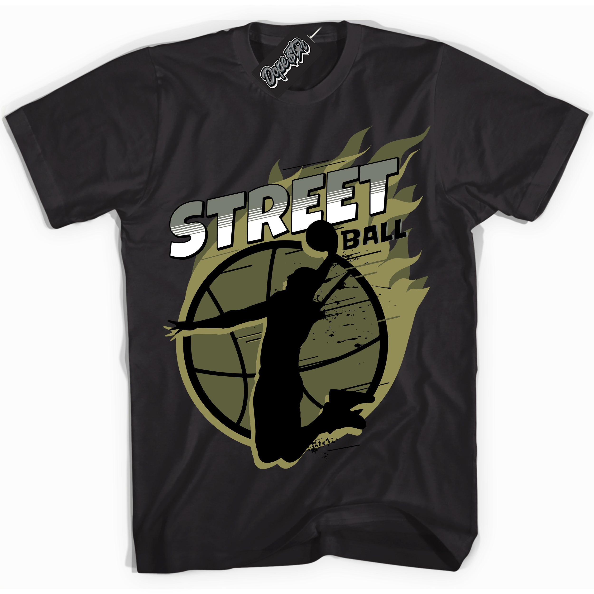 Cool Black graphic tee with “ Street Ball ” print, that perfectly matches Craft Olive 4s sneakers 