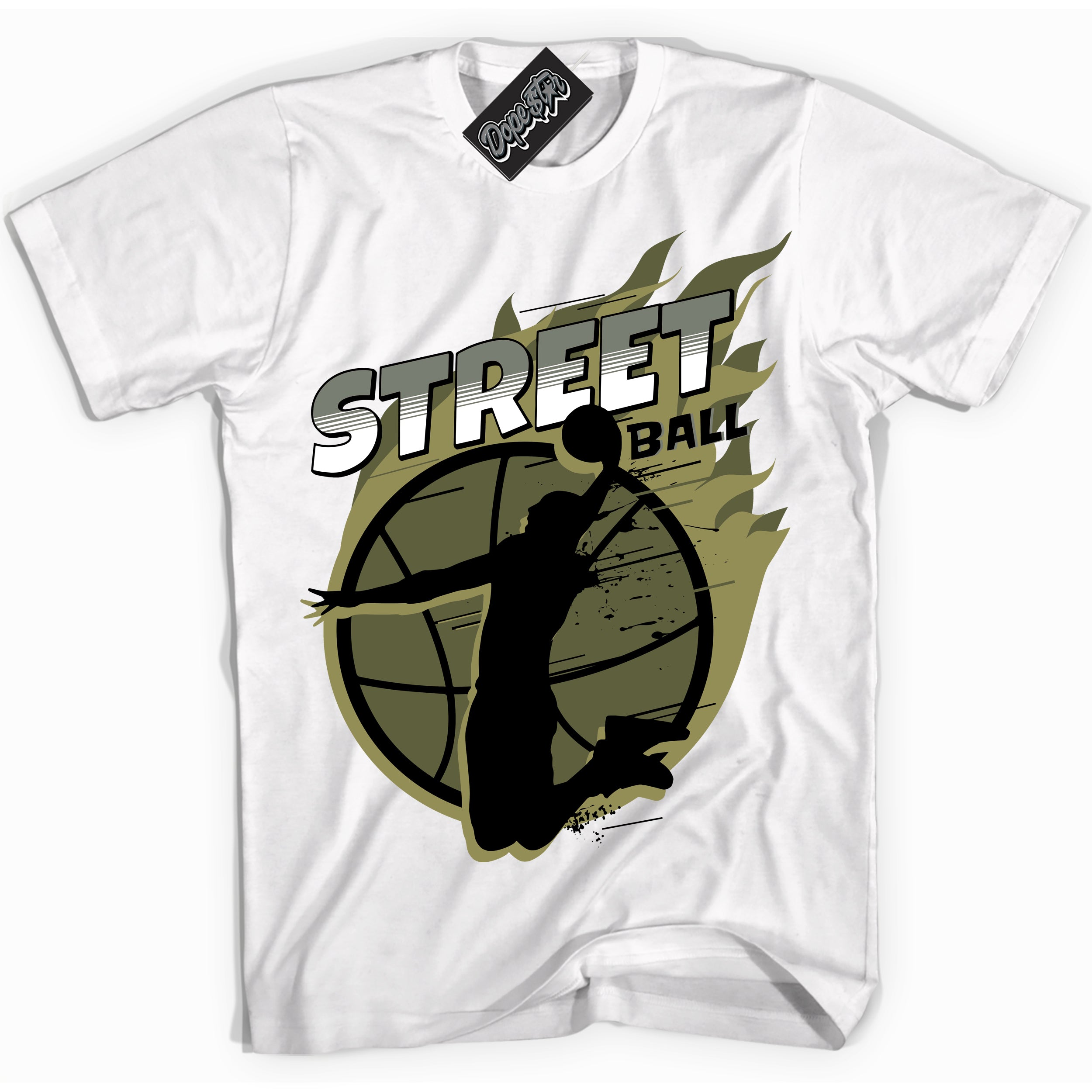 Cool White graphic tee with “ Street Ball ” print, that perfectly matches Craft Olive 4s sneakers 