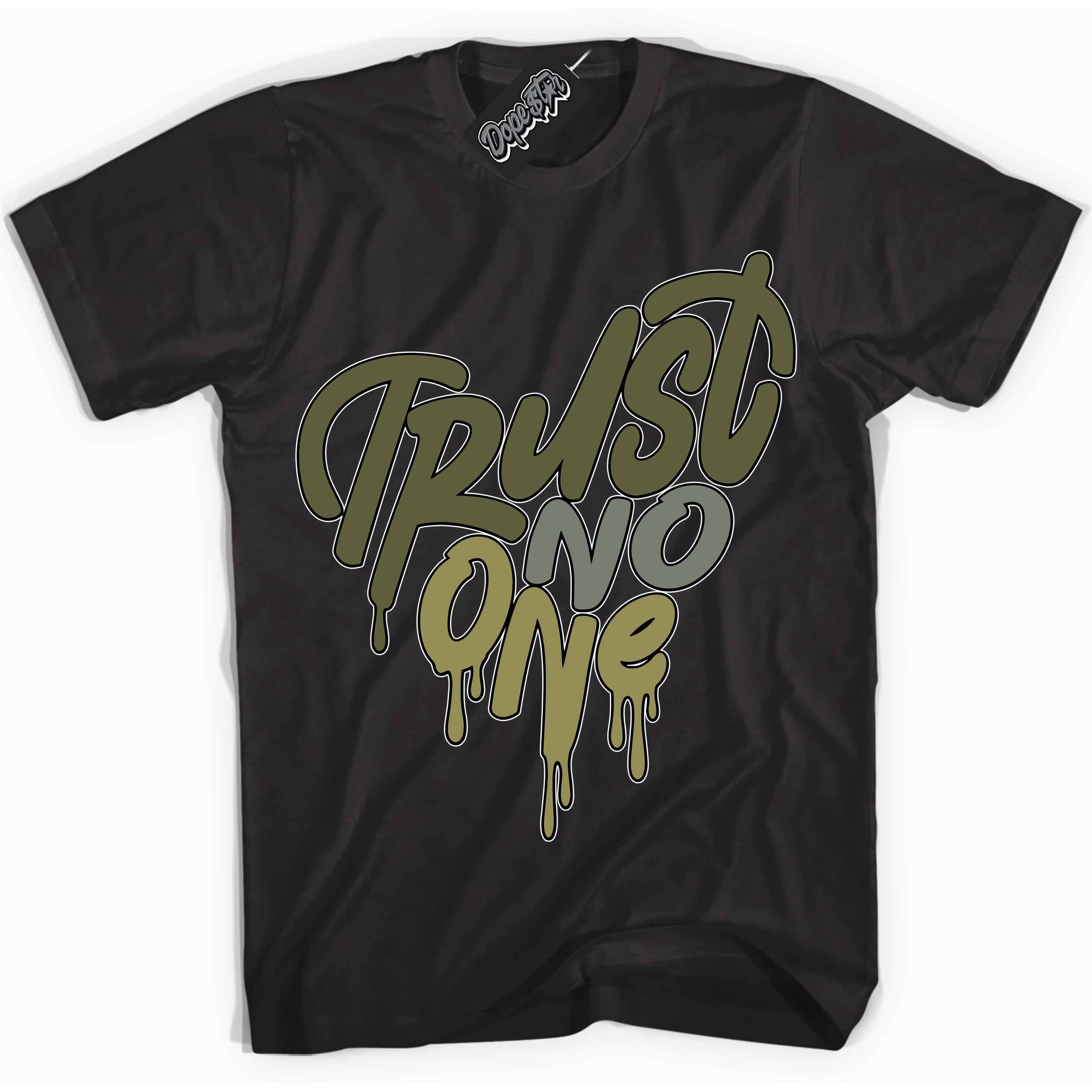 Cool Black graphic tee with “ Trust No One Heart ” print, that perfectly matches Craft Olive 4s sneakers 