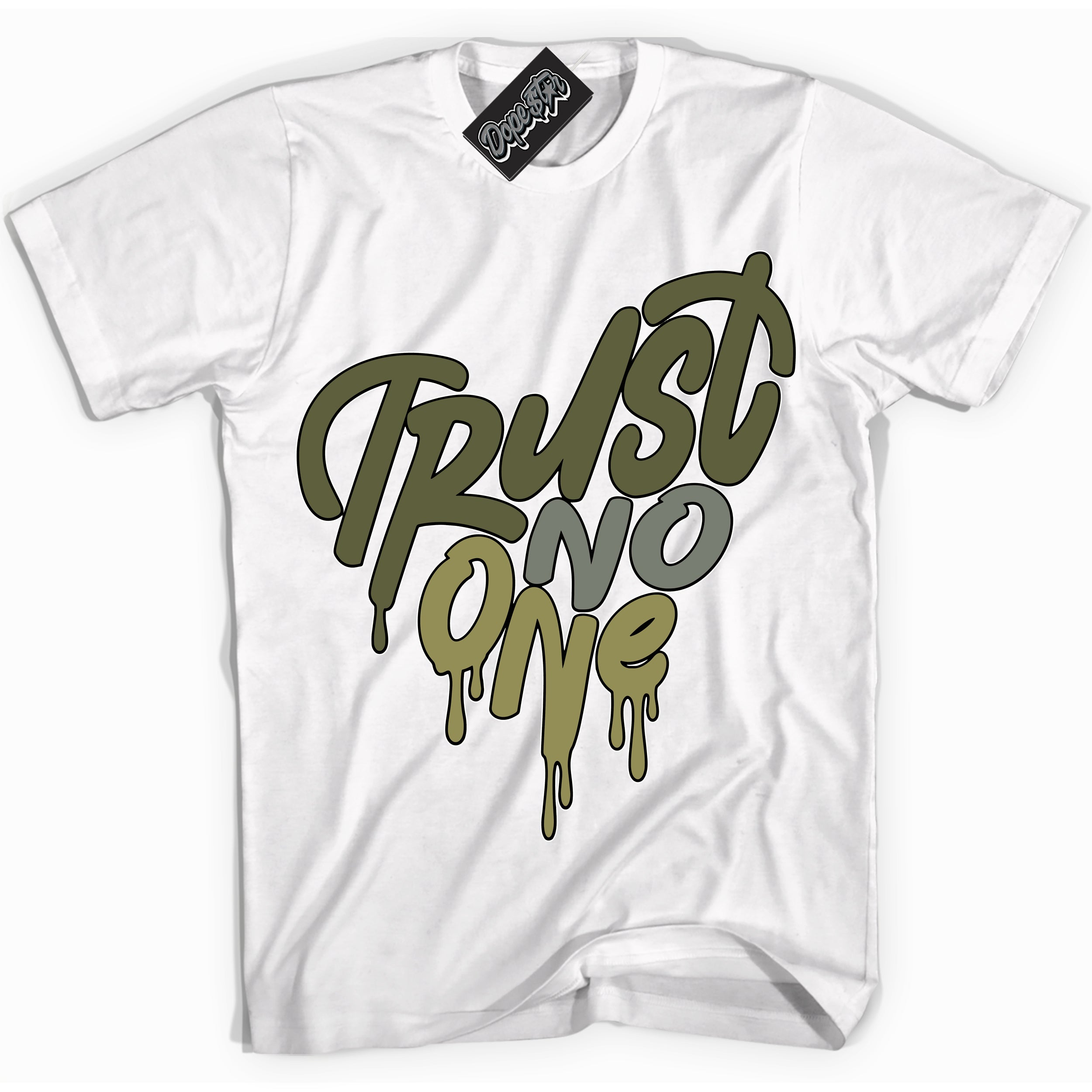 Cool White graphic tee with “ Trust No One Heart ” print, that perfectly matches Craft Olive 4s sneakers