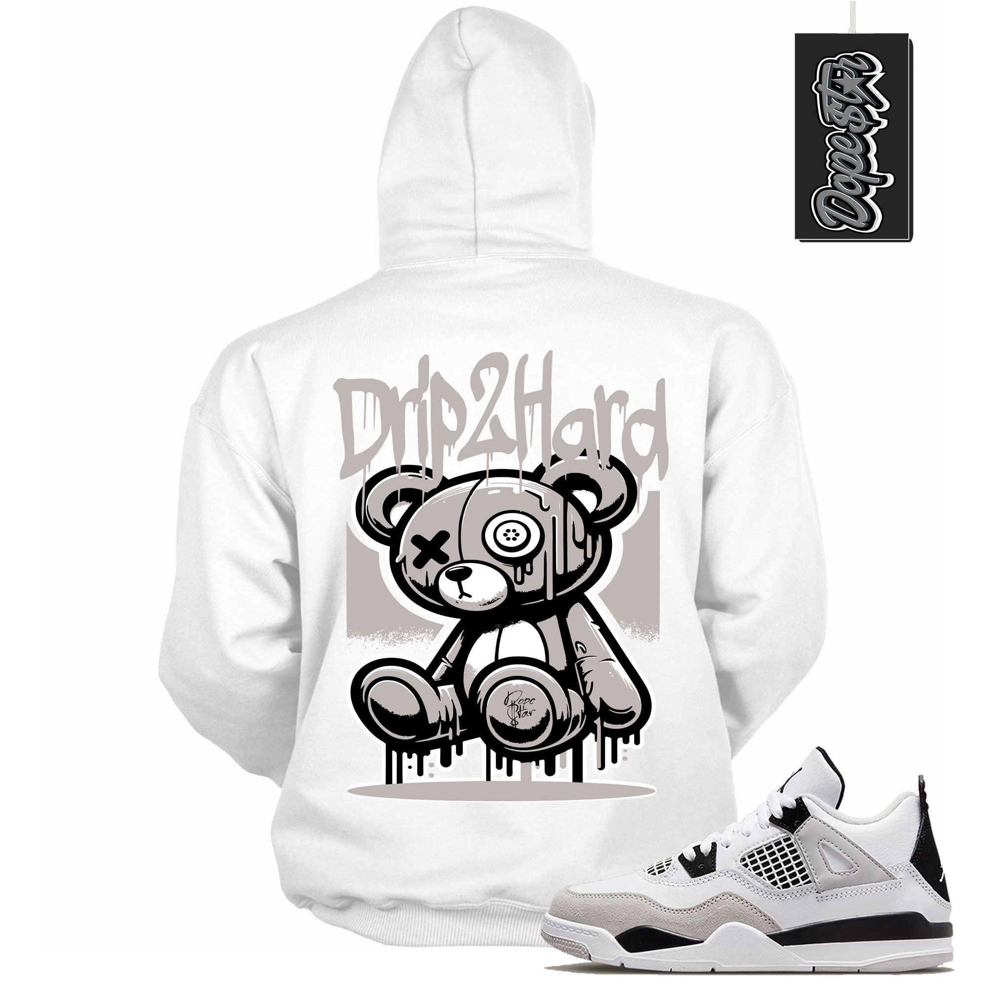 Cool White Hoodie With Drip To Hard design That Perfectly Matches AIR JORDAN 4 RETRO MILITARY BLACK Sneakers.