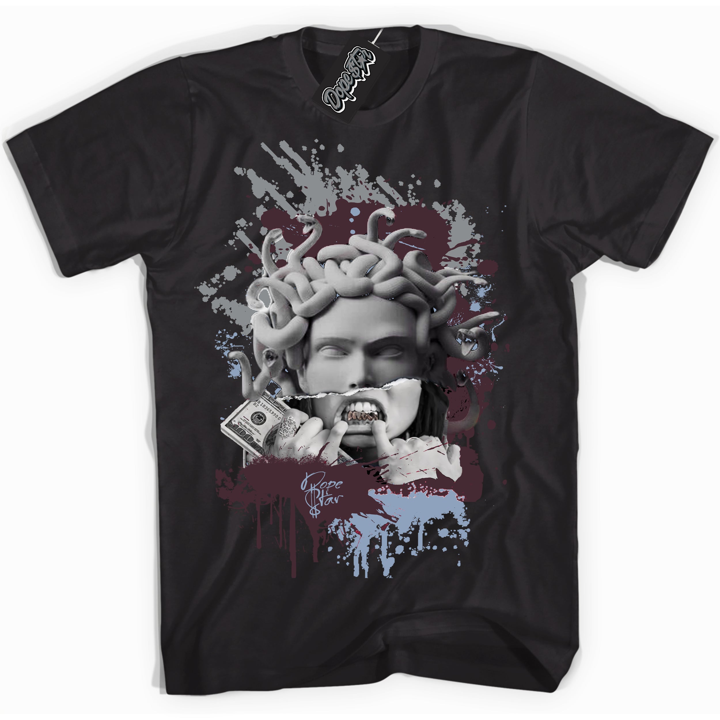 Cool Black graphic tee with “ Medusa ” print, that perfectly matches Burgundy 5s sneakers 