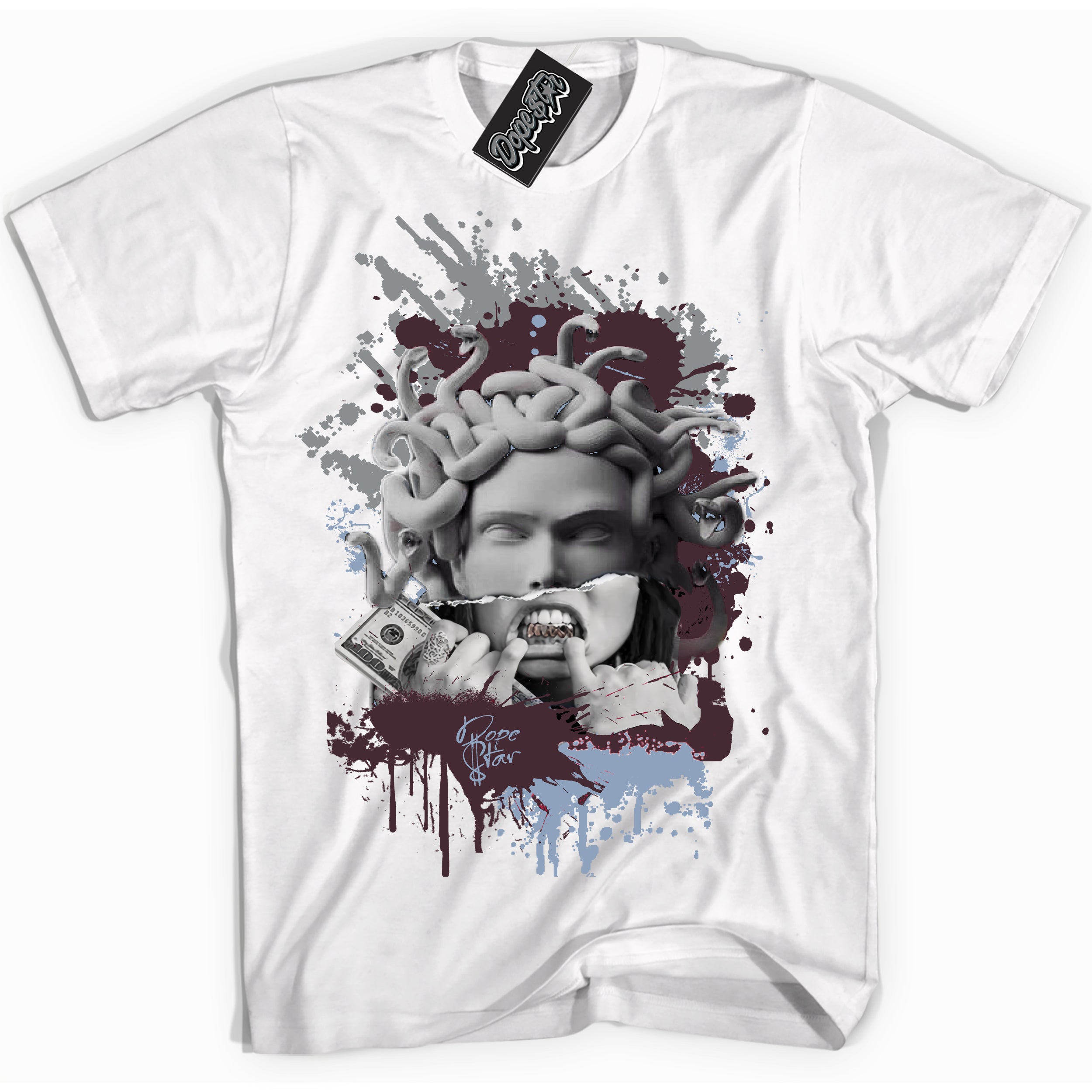 Cool White graphic tee with “ Medusa ” print, that perfectly matches Burgundy 5s sneakers 