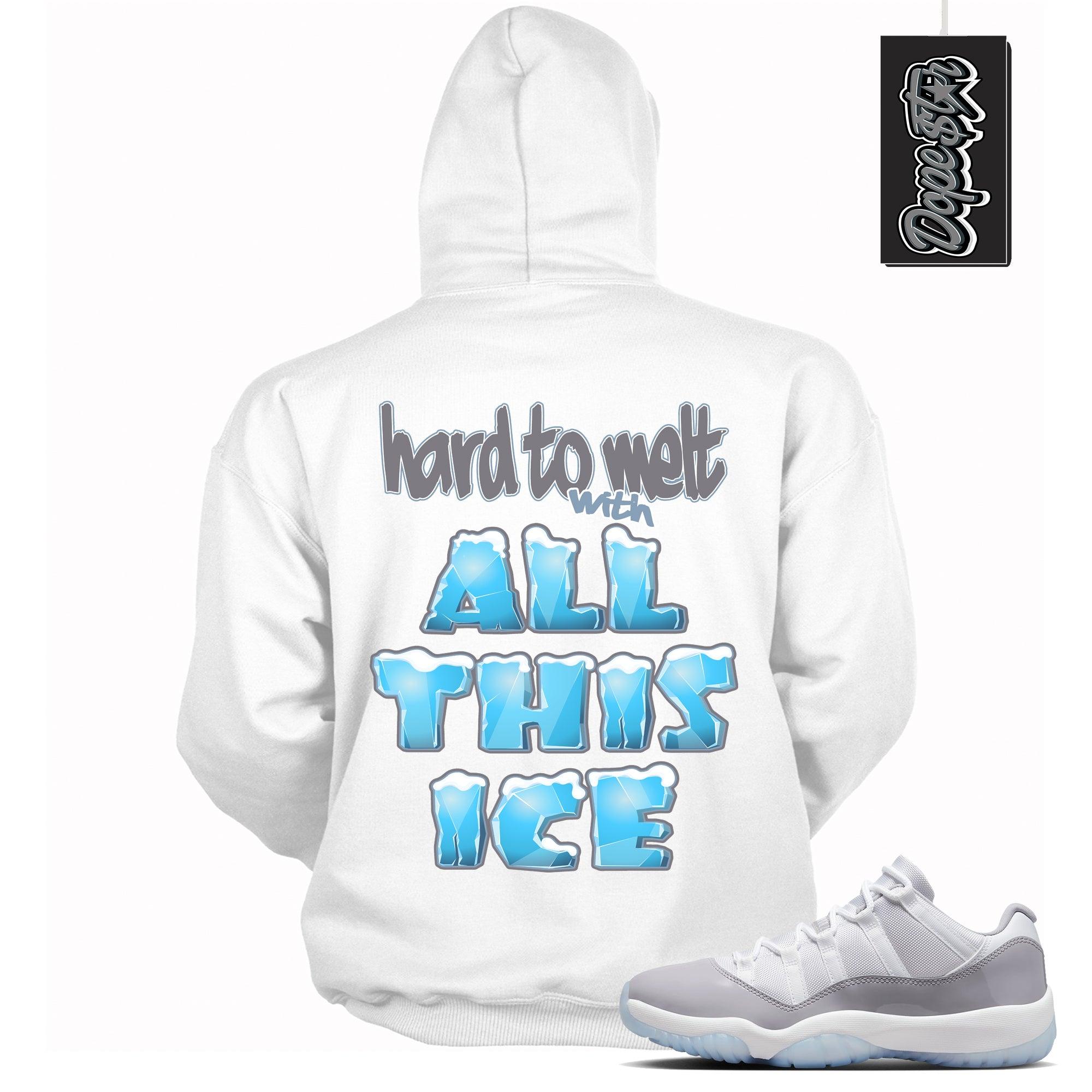 Cool White Graphic Hoodie with “ All This Ice “ print, that perfectly matches Air Jordan 11 Retro Low Cement Grey sneakers