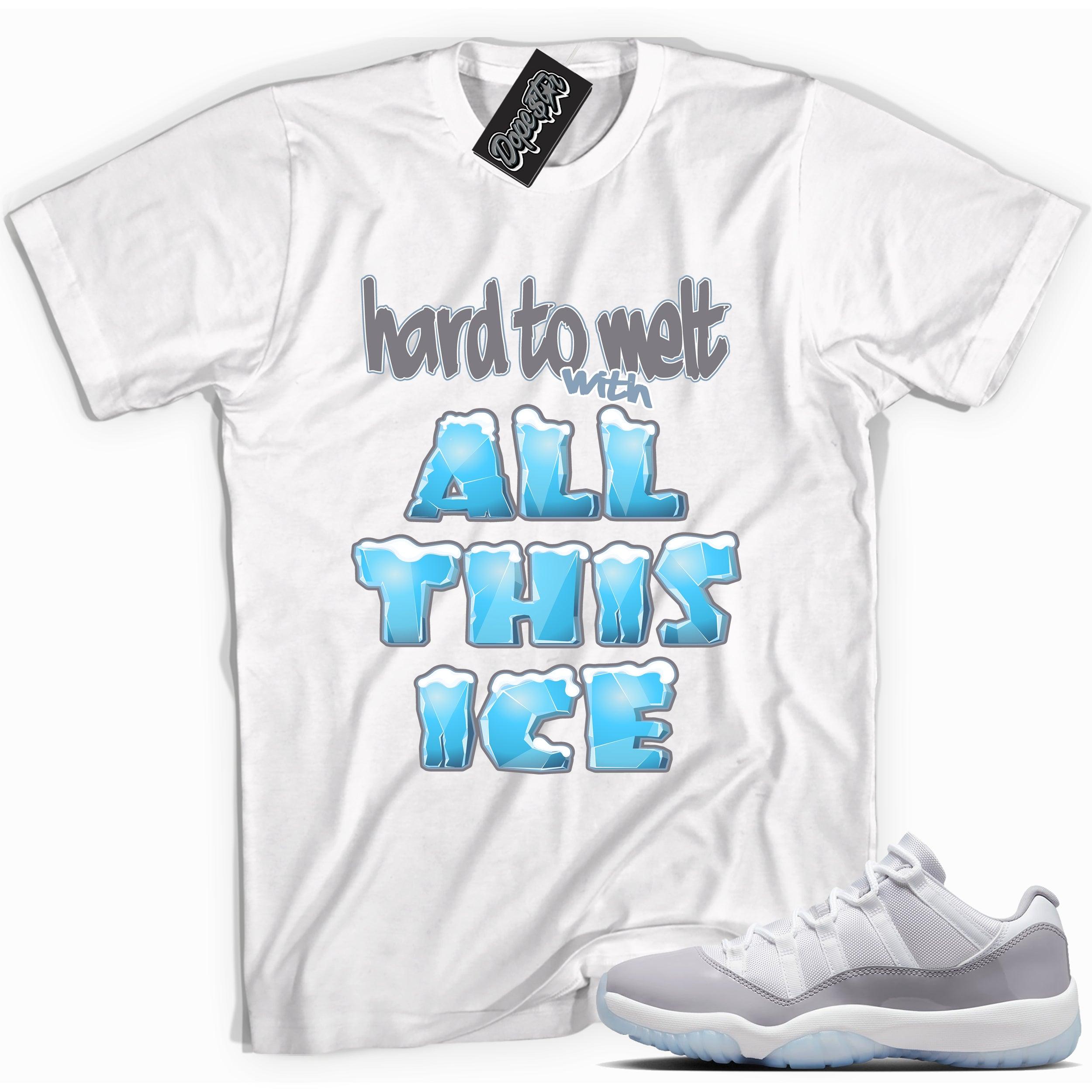 Cool White graphic tee with “ All This Ice ” print, that perfectly matches Air Jordan 11 Retro Low Cement Grey sneakers 